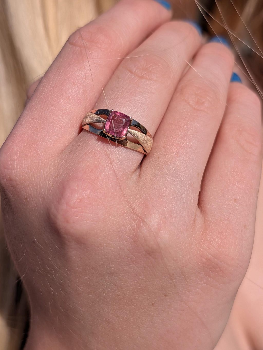 Vintage 1960s Natural Pink Tourmaline Ring 14k Solid Yellow Rose Gold Mid Century Statement Ring Size 9 US Free Resize Gift