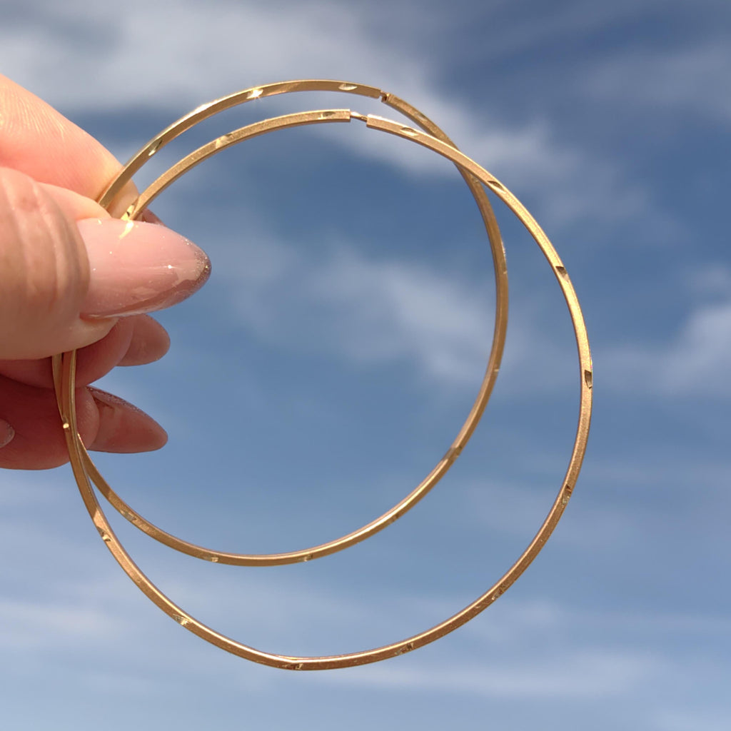 14k Solid Yellow Gold  63mm Diameter Large Hoop Statement Earrings Elegant Bracelet Bangle, Gypsy Earrings Vintage 1980s  Gift for Her