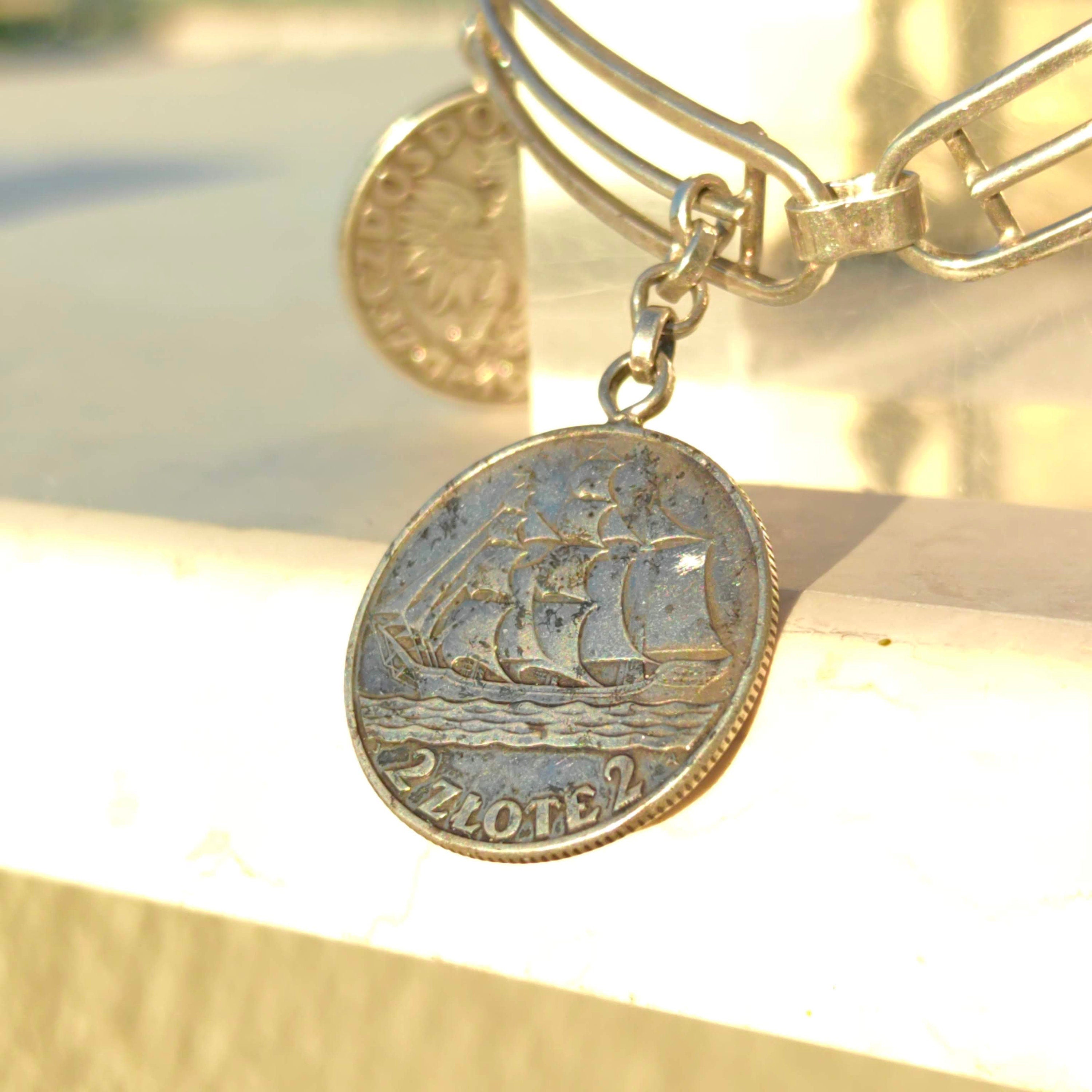 Vintage Sterling Silver Polish Ship Coin Charm Bracelet: Nautical Jewelry