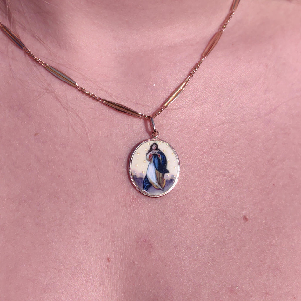 14k Solid Gold Virgin Mary Madonna Star Pendant Antique 1900s Art Nouveau Hallmarked Vintage Hand painted Enamel Medal Charm Gift