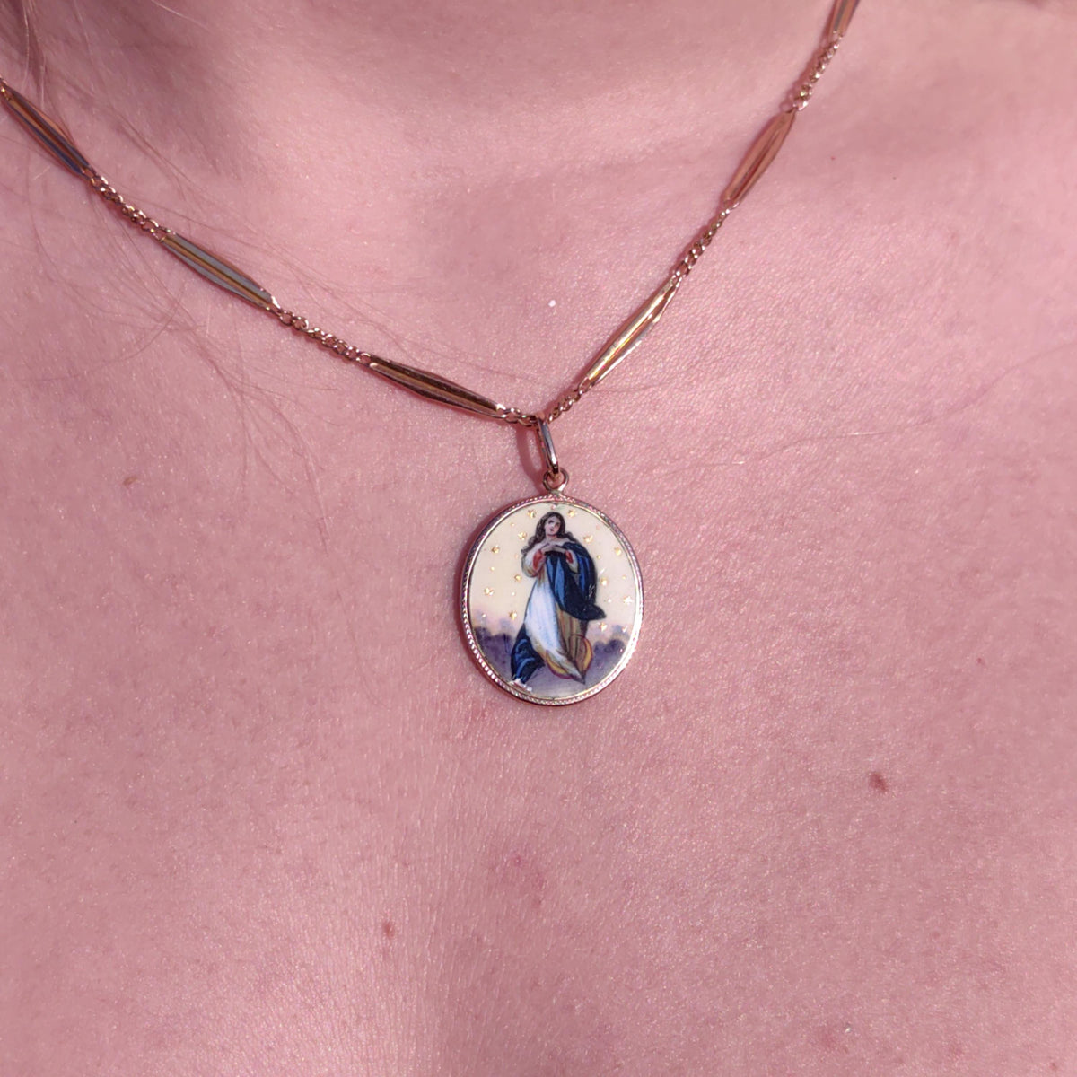 14k Solid Gold Virgin Mary Madonna Star Pendant Antique 1900s Art Nouveau Hallmarked Vintage Hand painted Enamel Medal Charm Gift