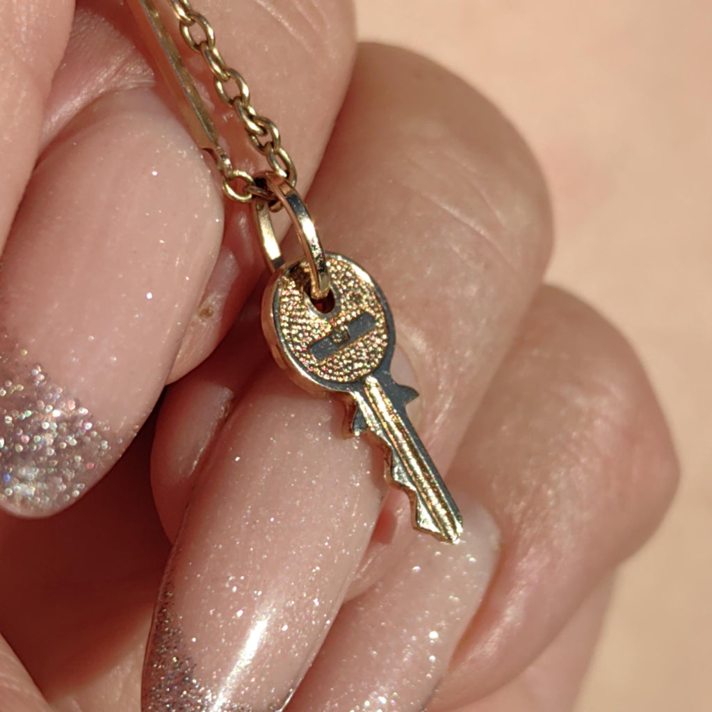 Antique Vintage Solid 14k Yellow Rose Champagne Gold Dainty Elegant Key Necklace Pendant Bracelet Charm  Gift for Her