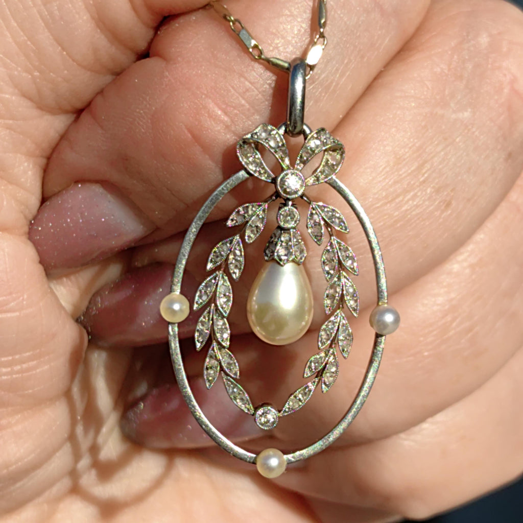 Art Nouveau Diamond Pearl Pendant: 18k Gold Platinum Edwardian Jewelry