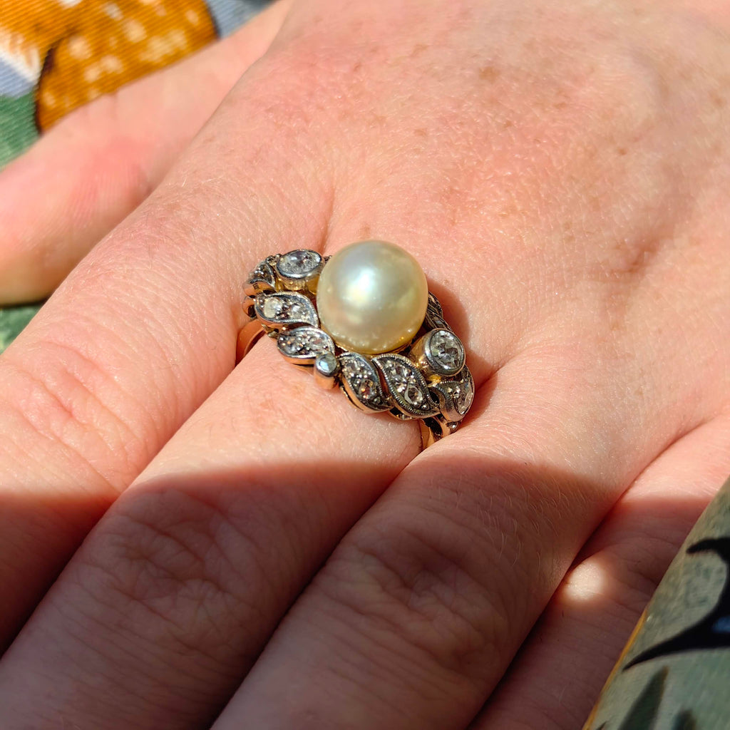 1920s Art Deco Pearl Diamond Ring: 14k Gold Wedding Engagement Ring