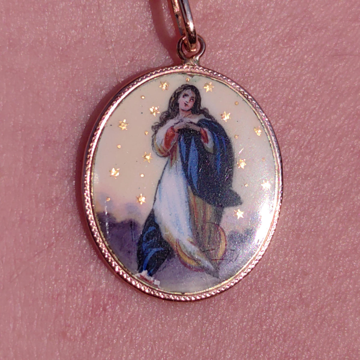 14k Solid Gold Virgin Mary Madonna Star Pendant Antique 1900s Art Nouveau Hallmarked Vintage Hand painted Enamel Medal Charm Gift