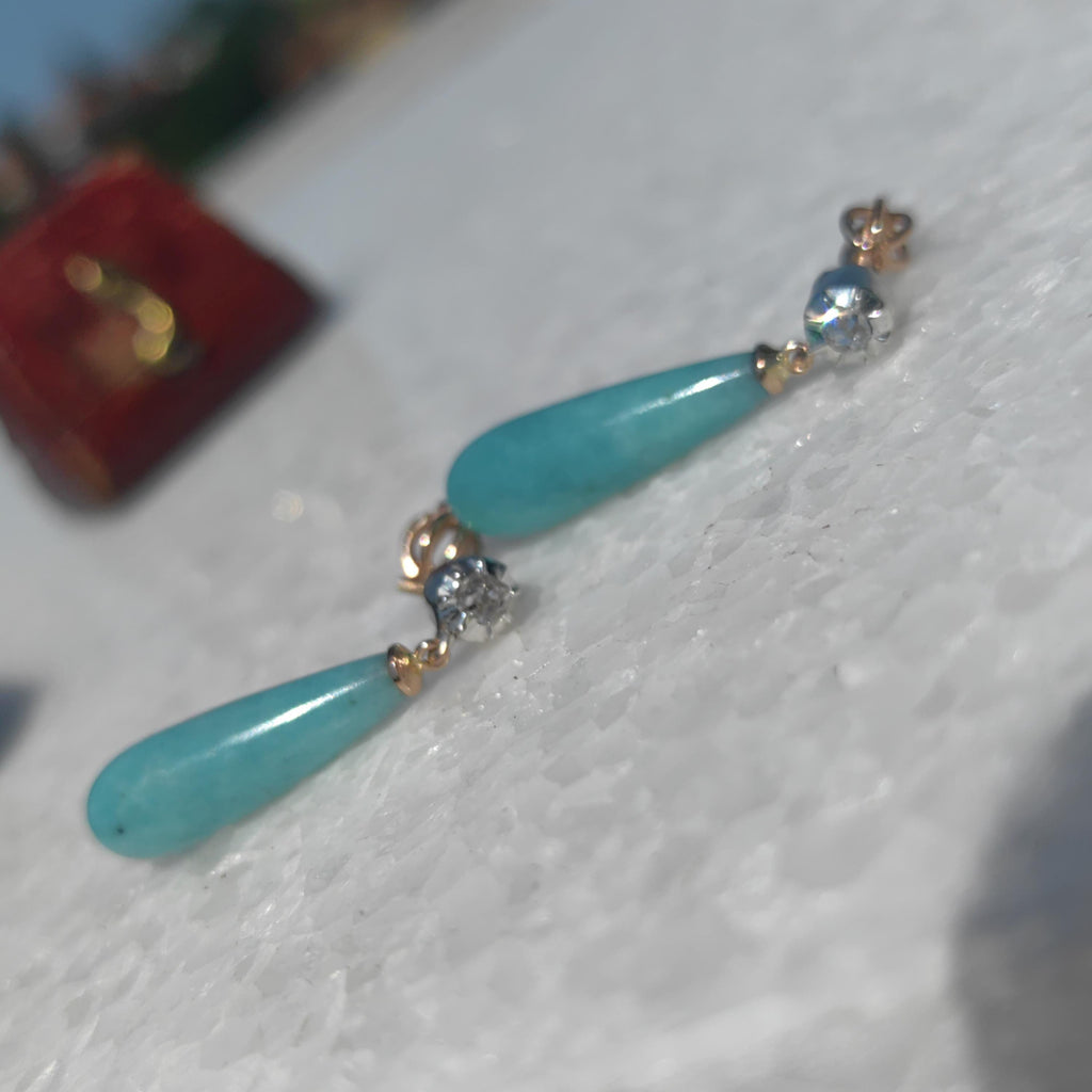 Victorian 1880s Blue Amazonite Diamond Solid 14k Gold Dangle Drop Statement Earrings Rose Cut Diamond Gift for Her Present