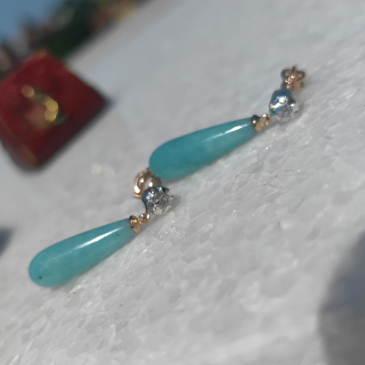 Victorian 1880s Blue Amazonite Diamond Solid 14k Gold Dangle Drop Statement Earrings Rose Cut Diamond Gift for Her Present