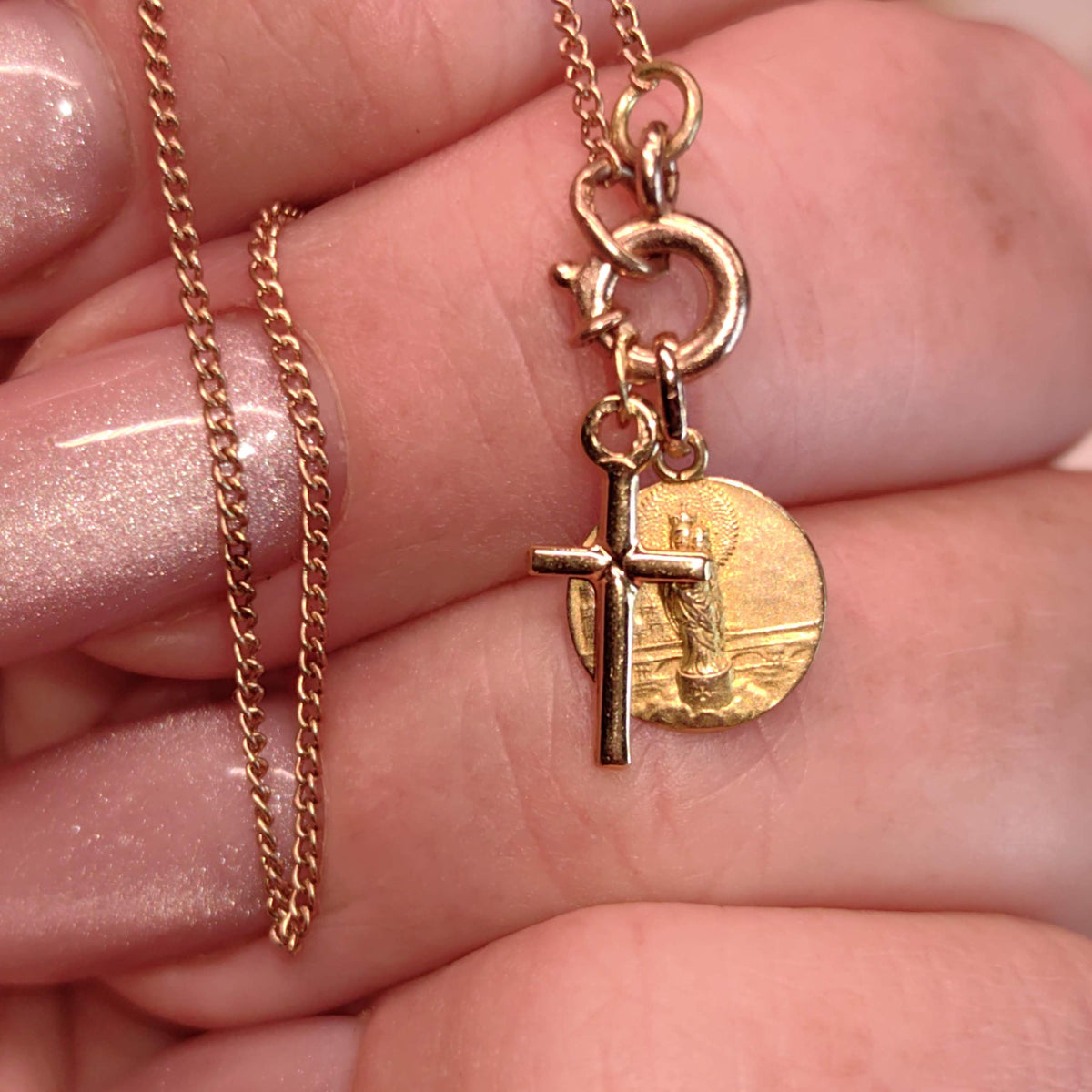 1900s Art Nouveau 14k Solid Yellow Rose Champagne Gold Chain Bracelet Madonna Virgin Mary Cross Christian Catholic Antique Vintage Charm