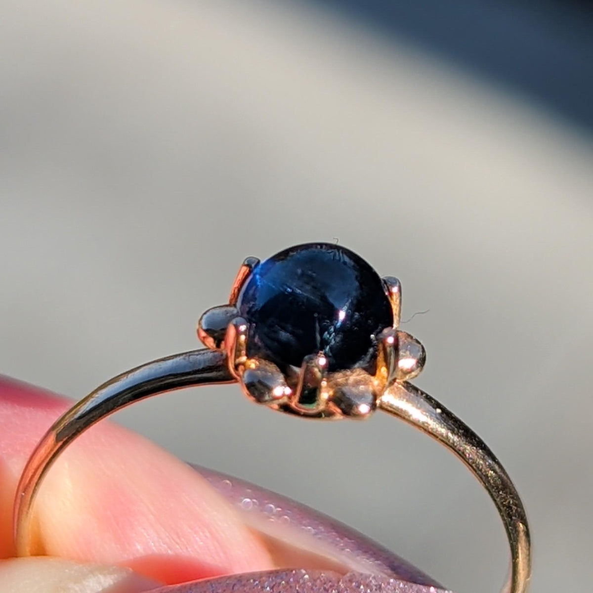 Vintage Blue Natural Cabochon Sapphire Solid Yellow Gold Dainty Ring Sapphire Engagement Ring Gift for Her Present