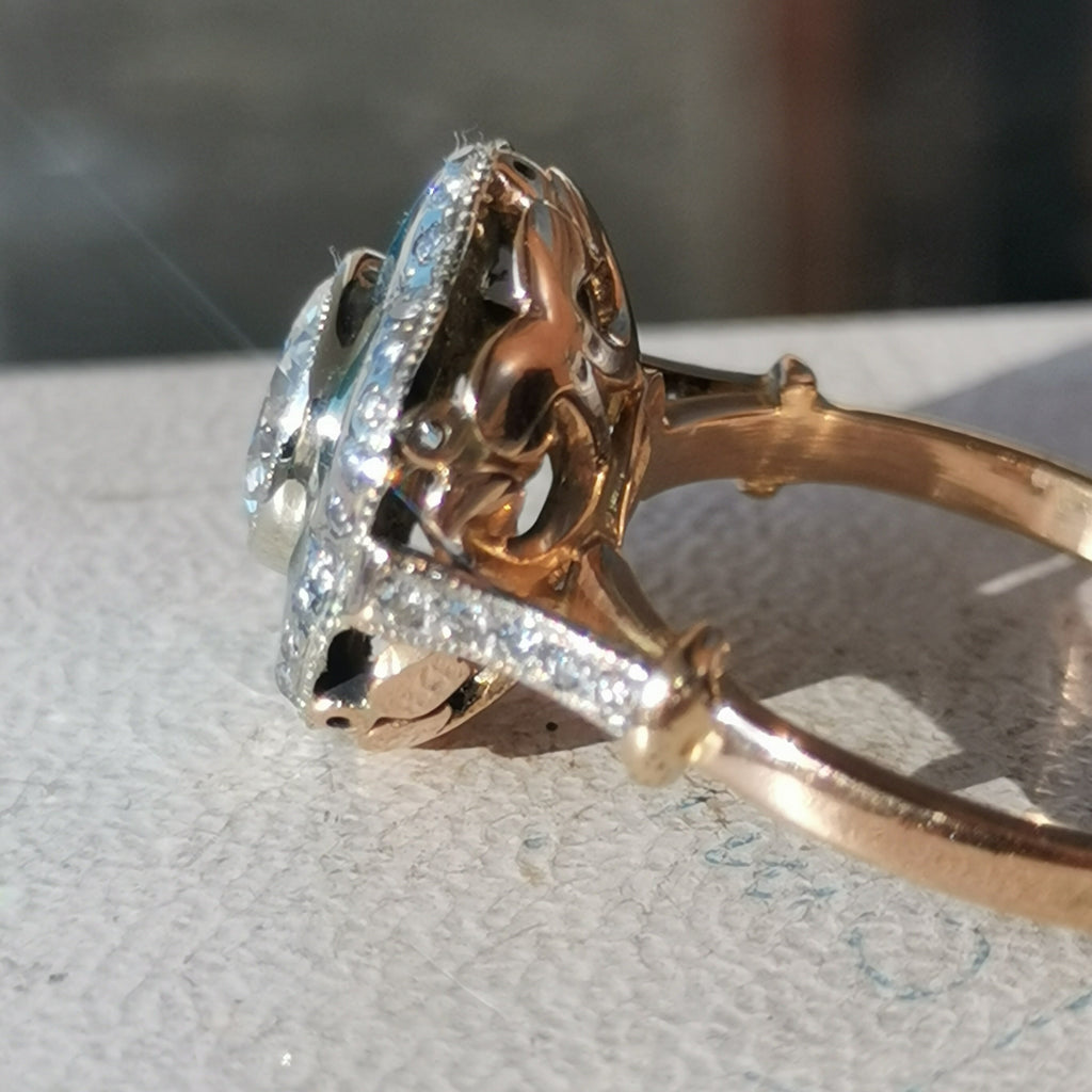 Art Deco Diamond Enamel Ring: 2.15ct Old European Cut, 14k Yellow Gold