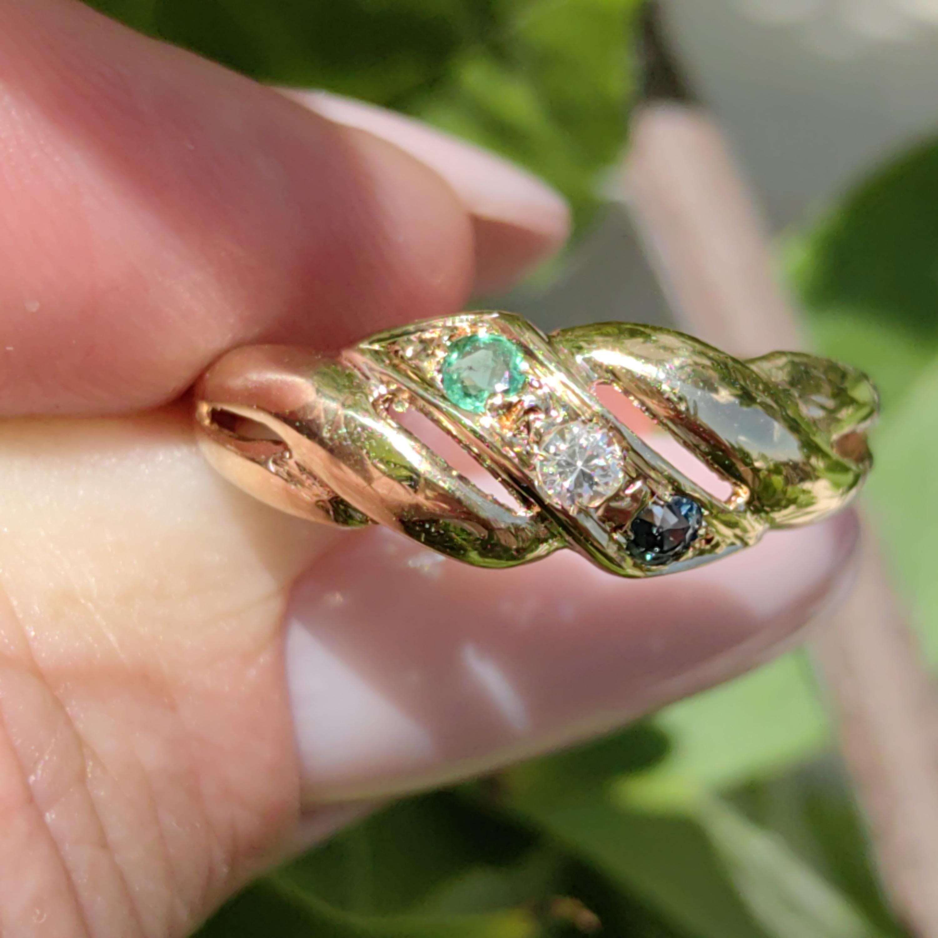 Natural Green Emerald Blue Sapphire Diamond 14k Solid Yellow Gold Vintage Antique Wave Shaped  Multi Stone Elegant Band Engagement Ring