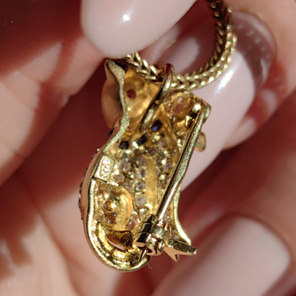 Mid-Century 18K Gold Flirty Sitting Cat Pendant with Bow Natural Diamonds Rubies Sapphires Vintage Figural Kitty Fine Jewelry Collectible