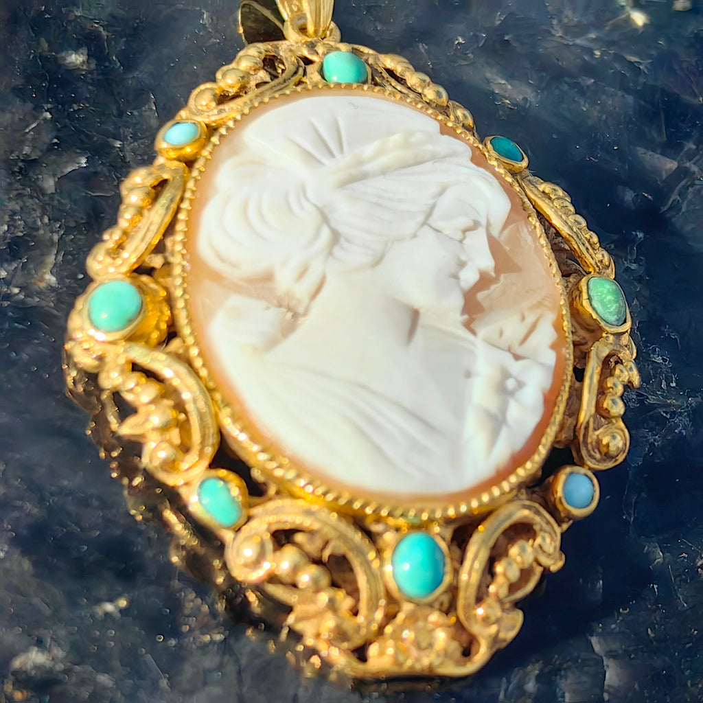Victorian Antique Vintage Cameo Turquoise Gold plated Silver Frame Pendant