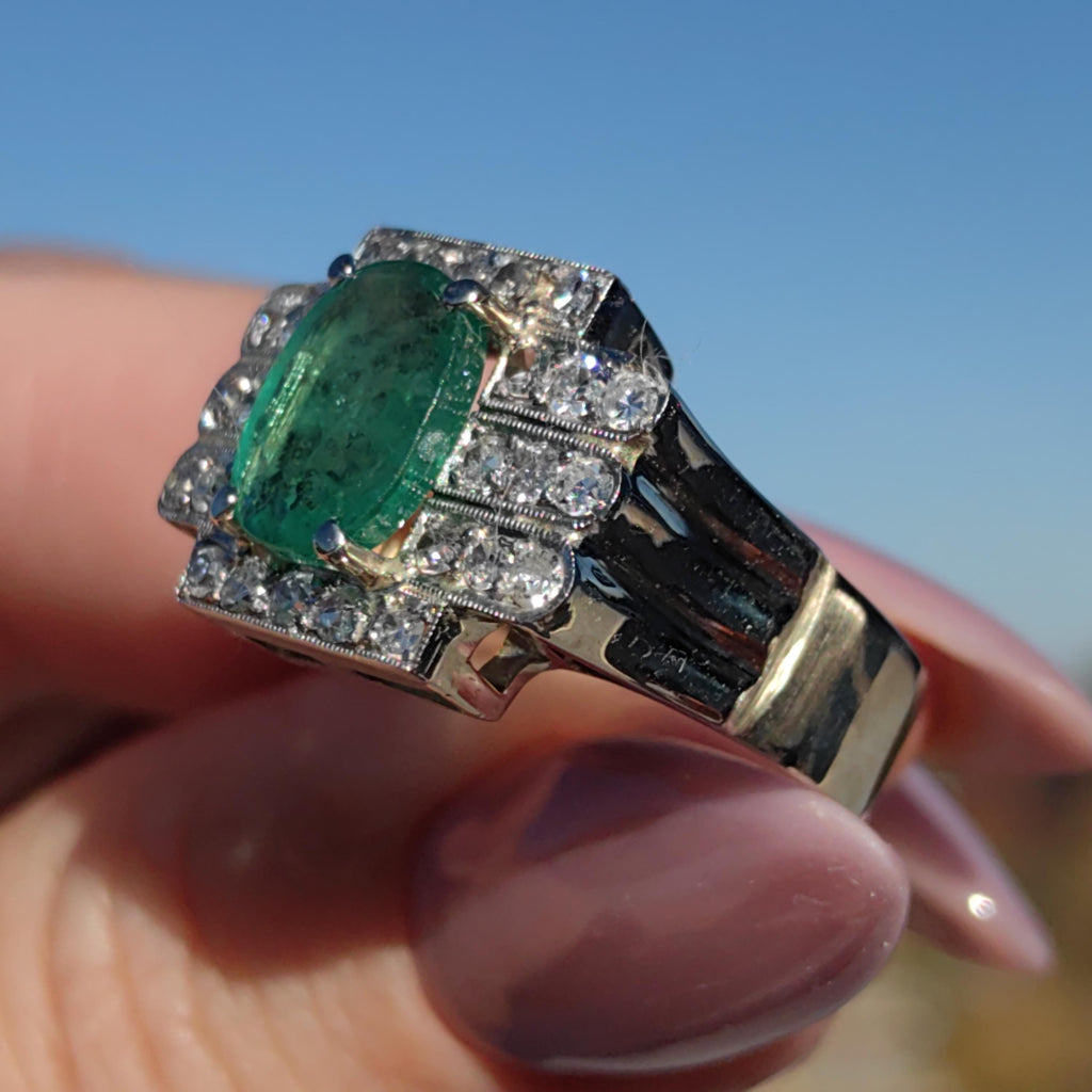 Colombian Emerald Diamond Ring  Solid White Gold Statement Art Deco 1920s Vintage Band Ring Gift for Her Large Chevalier Ring