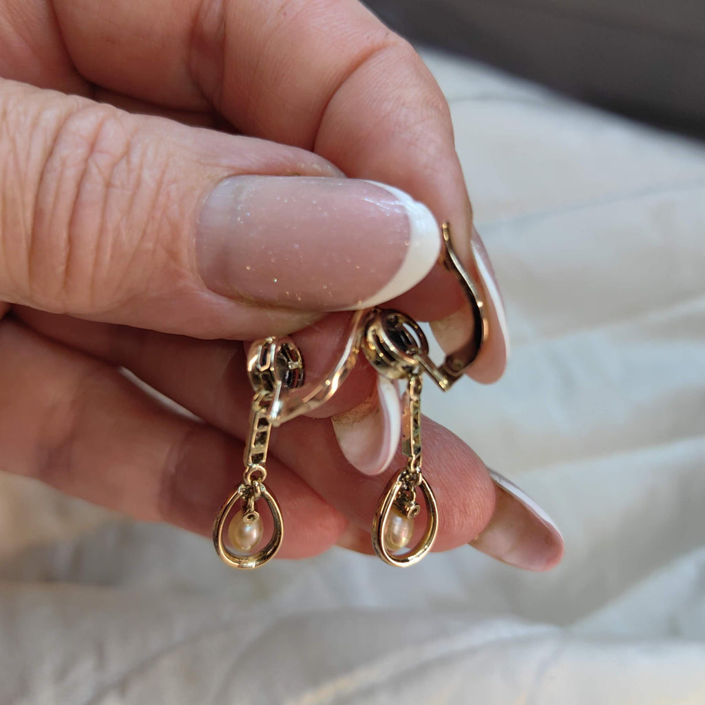 Antique 18k Gold Pearl Earrings: Rose Cut Diamond Art Nouveau Dangles