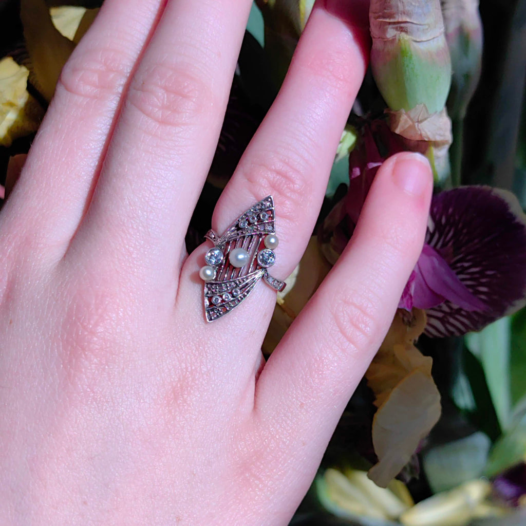 Art Deco Pearl Diamond Ring: 18k Gold Filigree Cocktail Ring