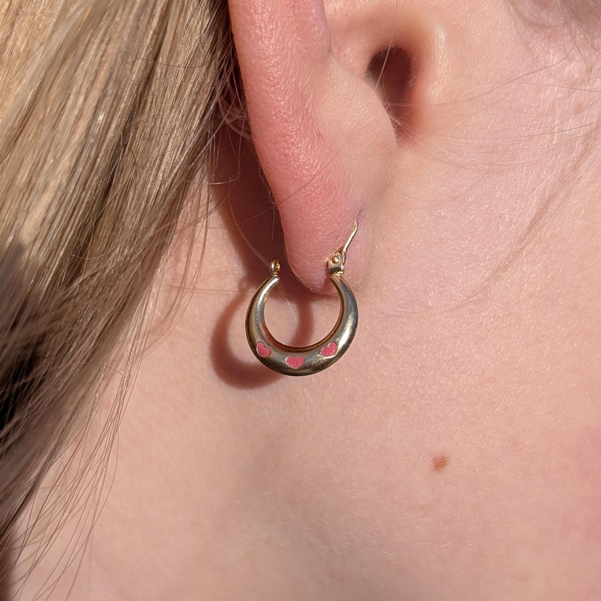 Vintage 1980s 14k Yellow Gold Puffed Hoop Earrings, Pink Enamel Heart Creole Gypsy Dangles, Gift for Her
