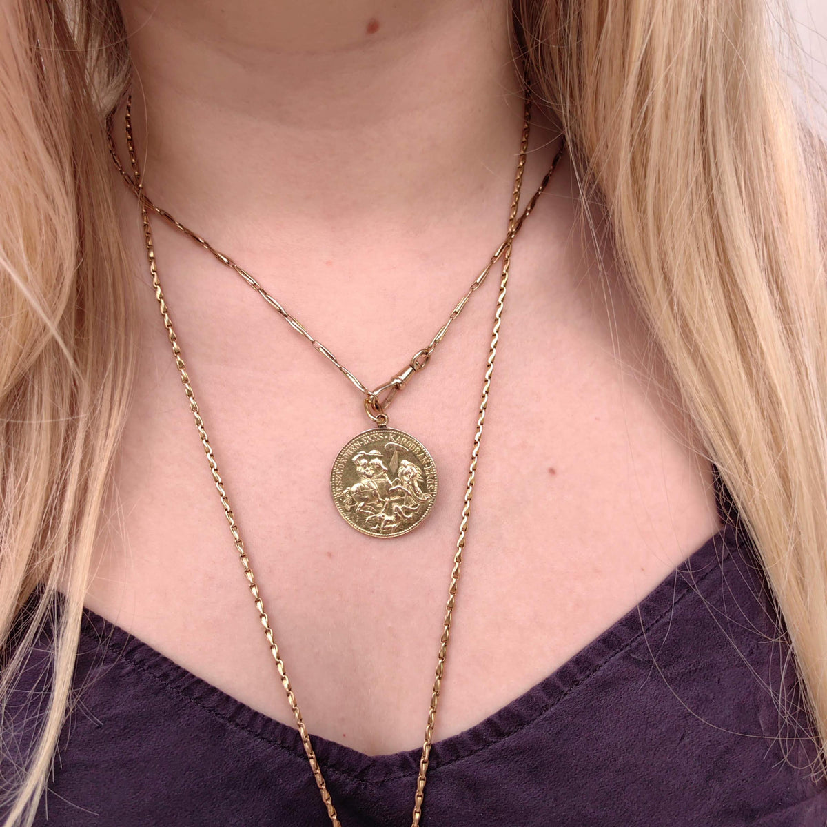 Saint George & Ladislaus 14K Gold Medal Pendant - Vintage Hungarian Coin