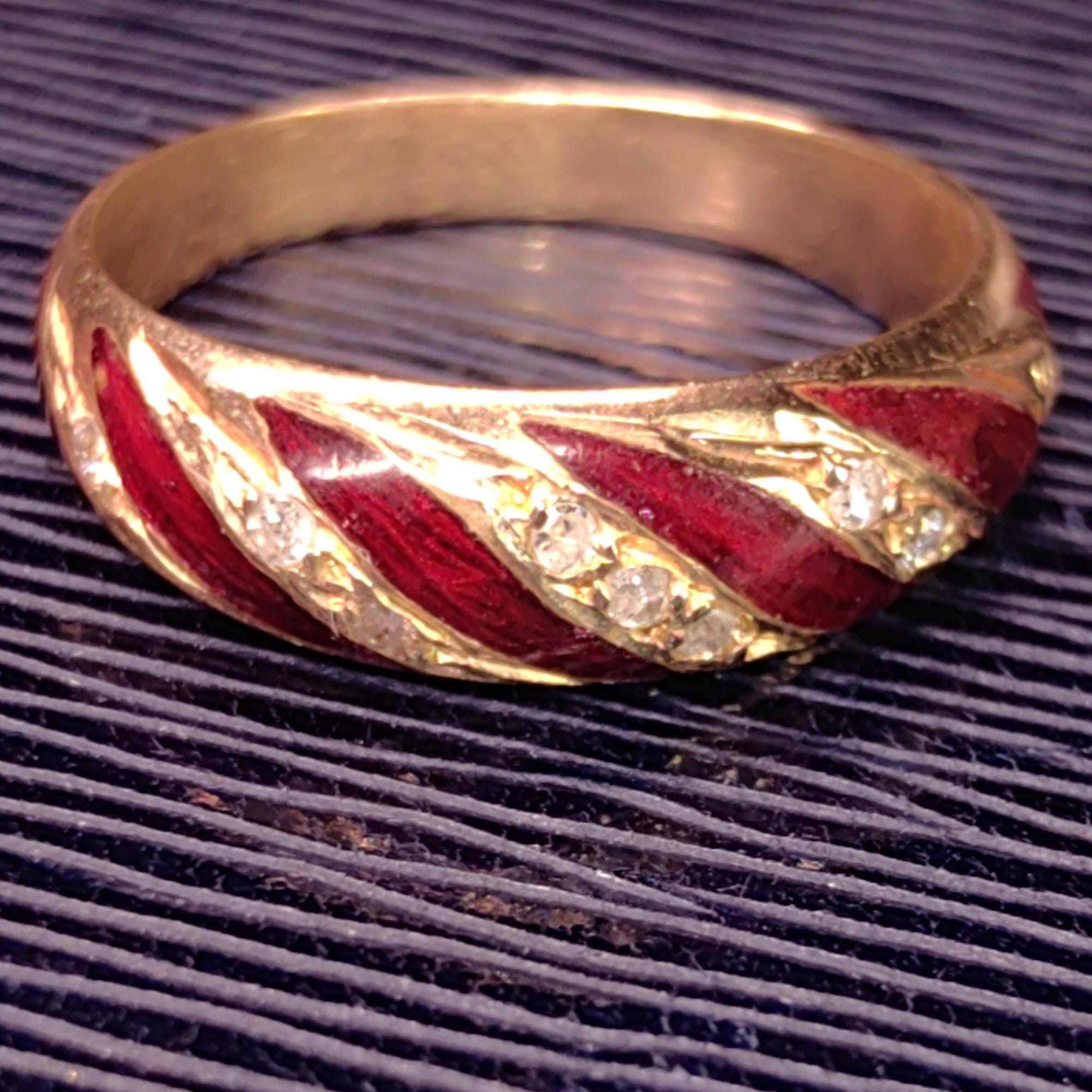 Vintage 1950s Diamond Solid 14k Yellow Gold Red Hand Painted Fire Enamel Wave Design Wedding Band Ring Gift for Her