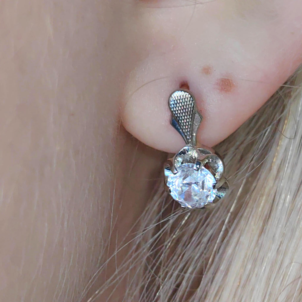Mid century Solitaire Natural Cubic Zirconia Solid Hallmarked 14k Gold Antique Sleepers Dormouse Earrings Gift for Her