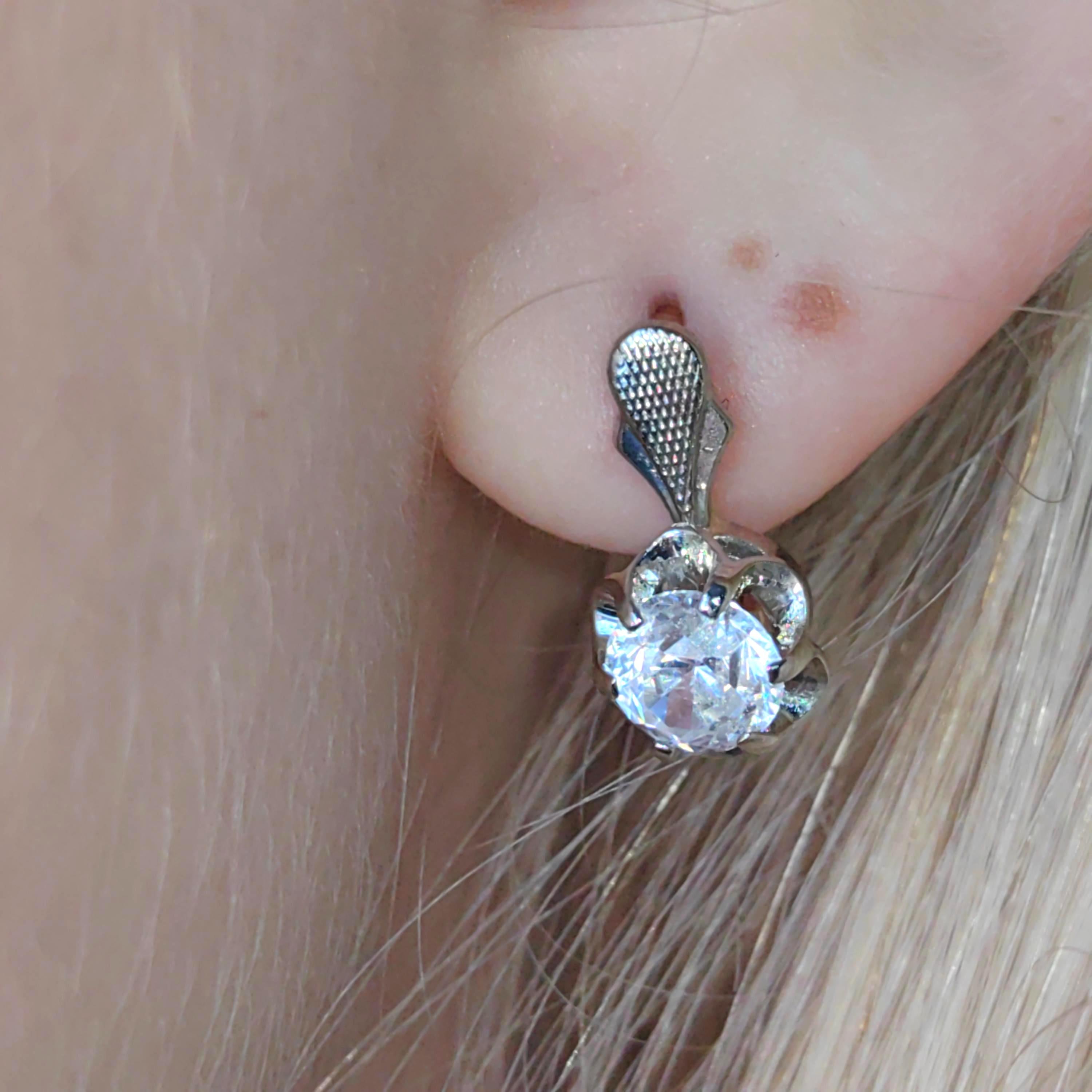 Mid century Solitaire Natural Cubic Zirconia Solid Hallmarked 14k Gold Antique Sleepers Dormouse Earrings Gift for Her