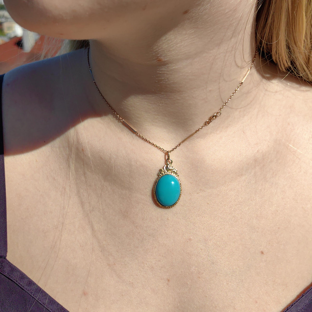 Art Deco 1920s Turquoise large oval quality natural mined Solid 14k Hallmarked Yellow Rose Gold Pendant Charm Necklace gift