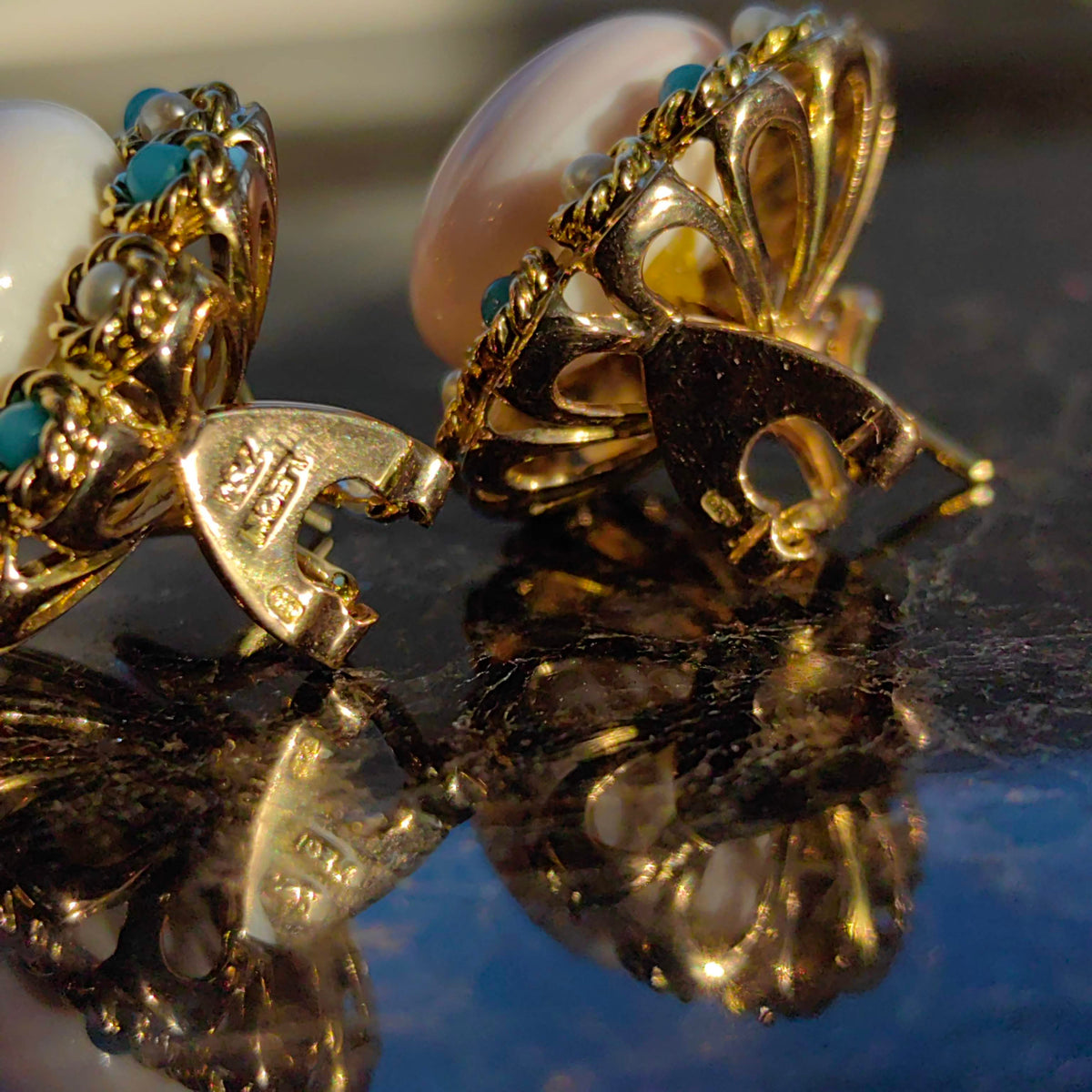 Vintage 1960s Angel Skin Coral 18k Gold Earrings: Turquoise & Pearl Halo
