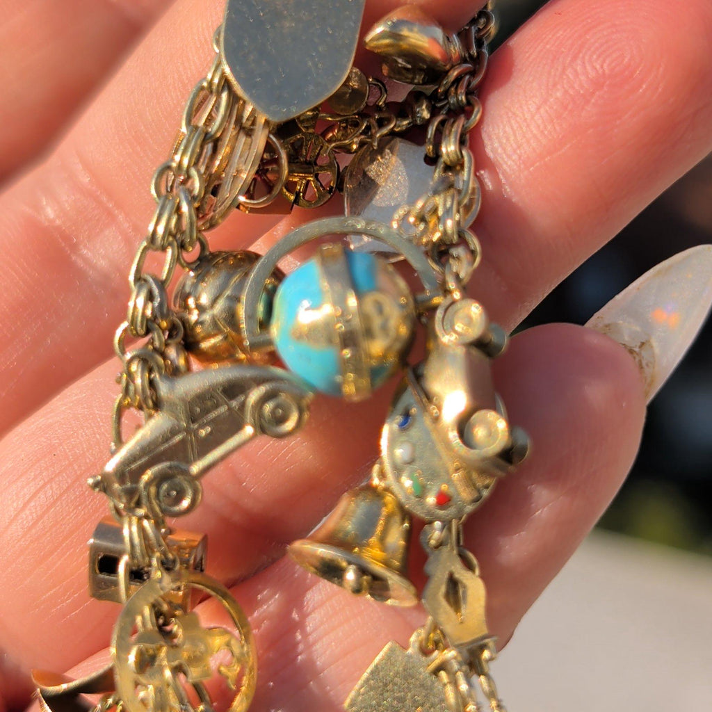 1920s Hallmarked 14k Gold Charm Bracelet, Whimsical Statement Antique Bracelet, 21 cm, 26.8g, Mixed Era Charms, Estate Gift