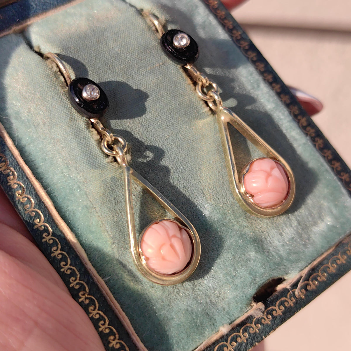 Art Deco Coral Dangle Earrings: Diamond, Onyx, 14k Gold, 1940s Vintage