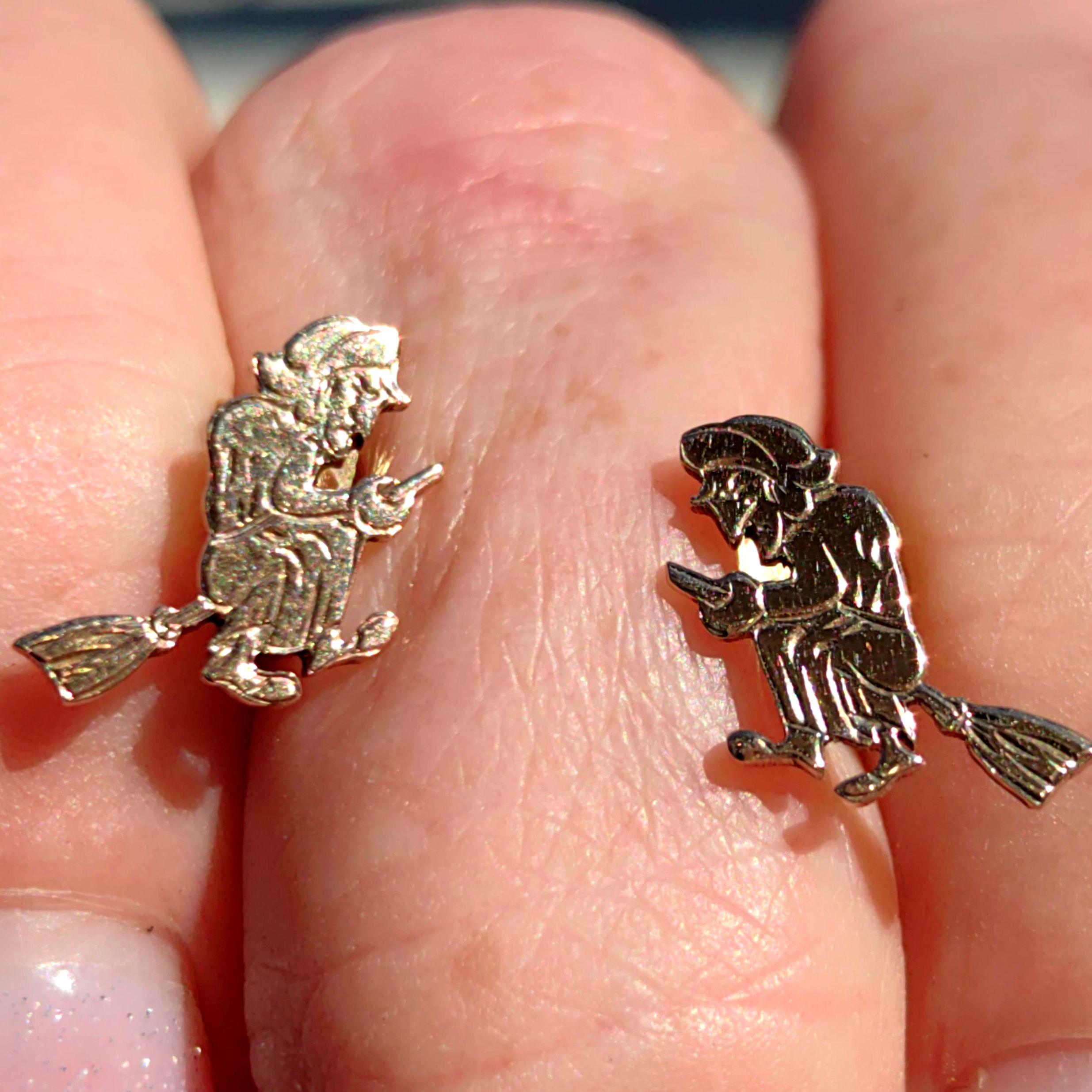 14k Gold Witch Broom Earrings: Antique Mystical Studs