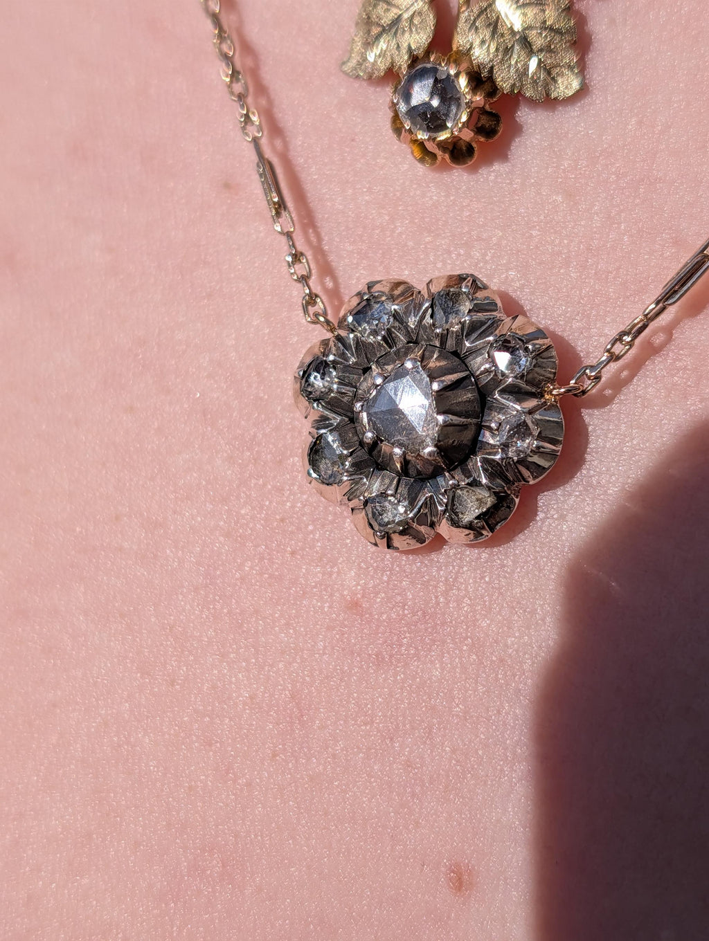 Antique Rose Cut Diamond Pendant Necklace 14k Yellow Rose Gold Silver Setting, Victorian 1880s Floral Romantic Gift for Her