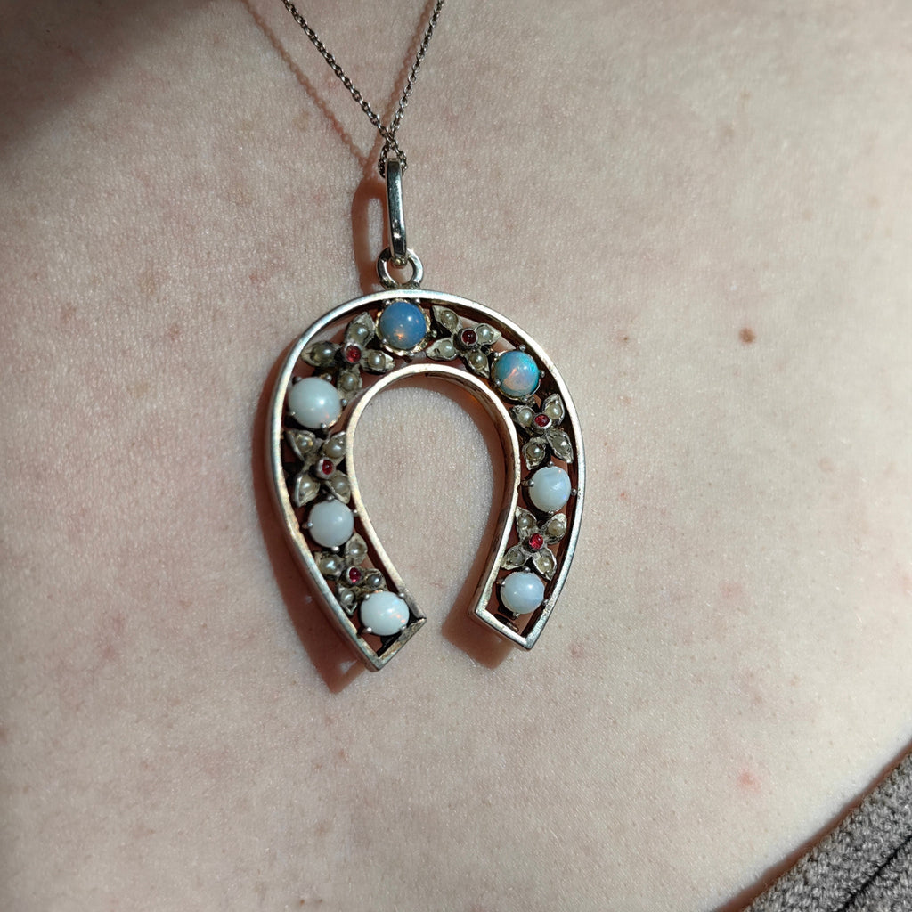 Antique Art Nouveau Silver Horseshoe Pendant: Moonstone, Pearl & Ruby