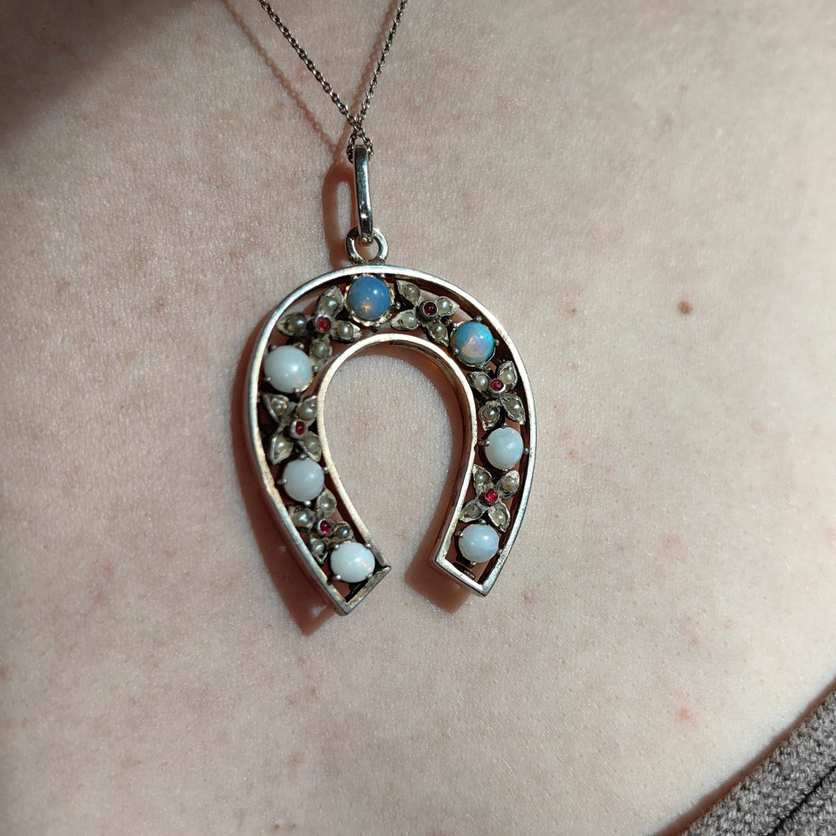 Antique Art Nouveau Silver Horseshoe Pendant: Moonstone, Pearl & Ruby