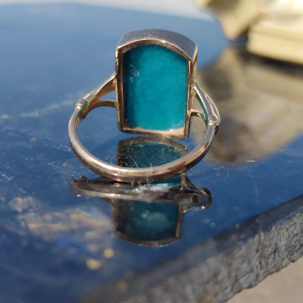 Vintage 14k Solid Yellow Gold Blue Turquoise Square Ring Antique Art Deco 1920s Gift for Her Elegant Present