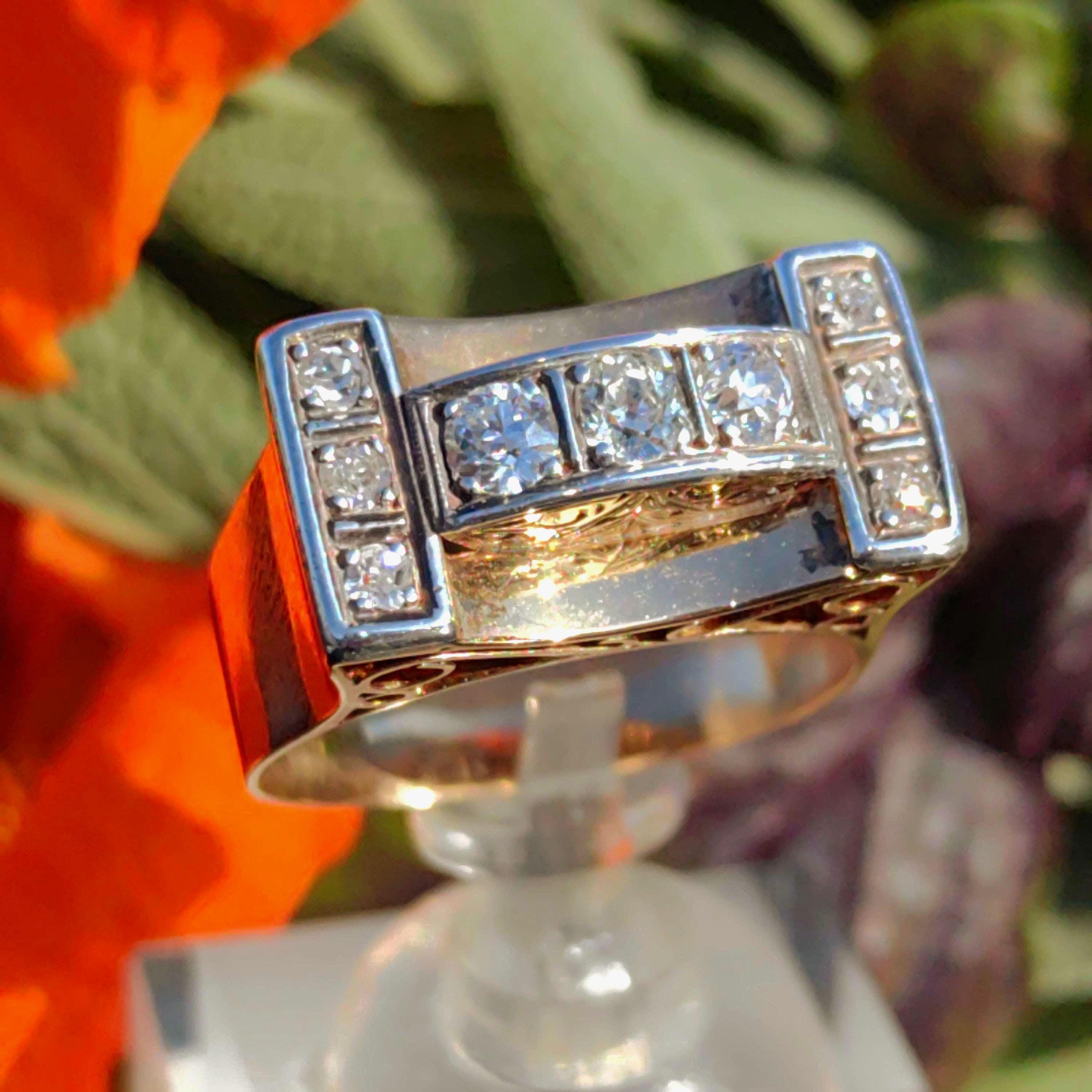 Art Deco 1920s Vintage Diamond 14k Solid Yellow Gold Unisex Chevalier Large Antique Statement Ring Gift Present