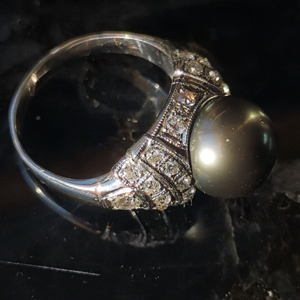 Art Deco Tahitian Pearl Diamond Ring - 1920s White Gold