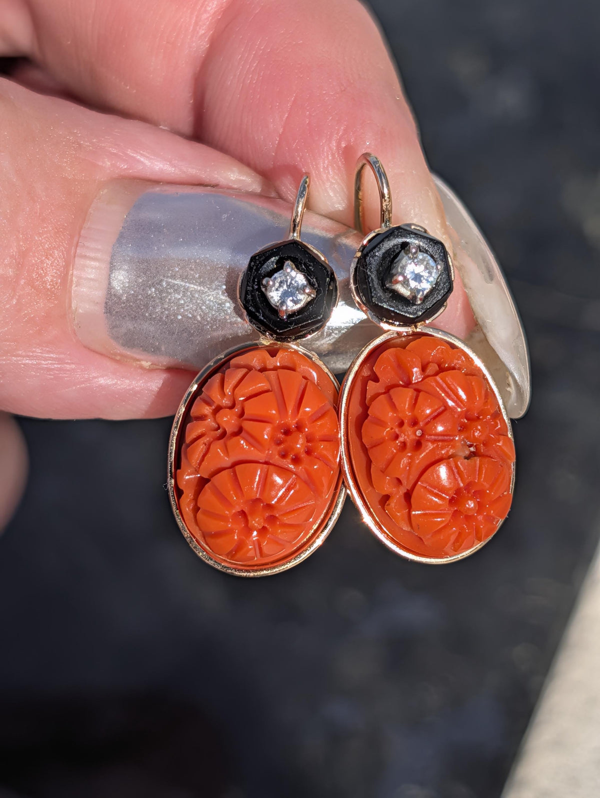1940s Unique Art Deco Coral Dangle Earrings Hand Carved Floral Diamond Onyx 14k Gold Vintage Estate Statement Drop Earrings Rare