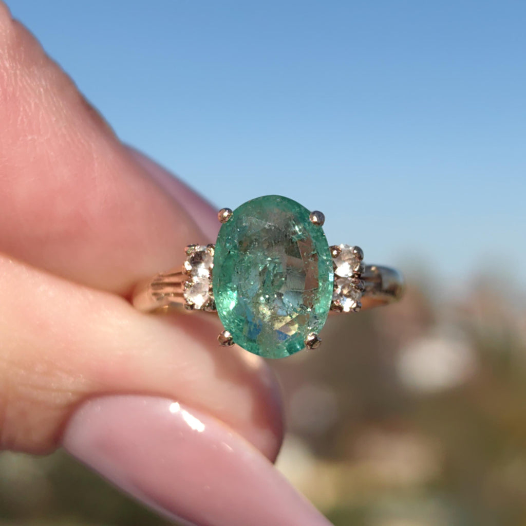 Vintage Mid Century Green Natural Emerald Oval Diamond Solid 14k Yellow Gold Antique Engagement Ring Dainty Stackable Band Gift for Her