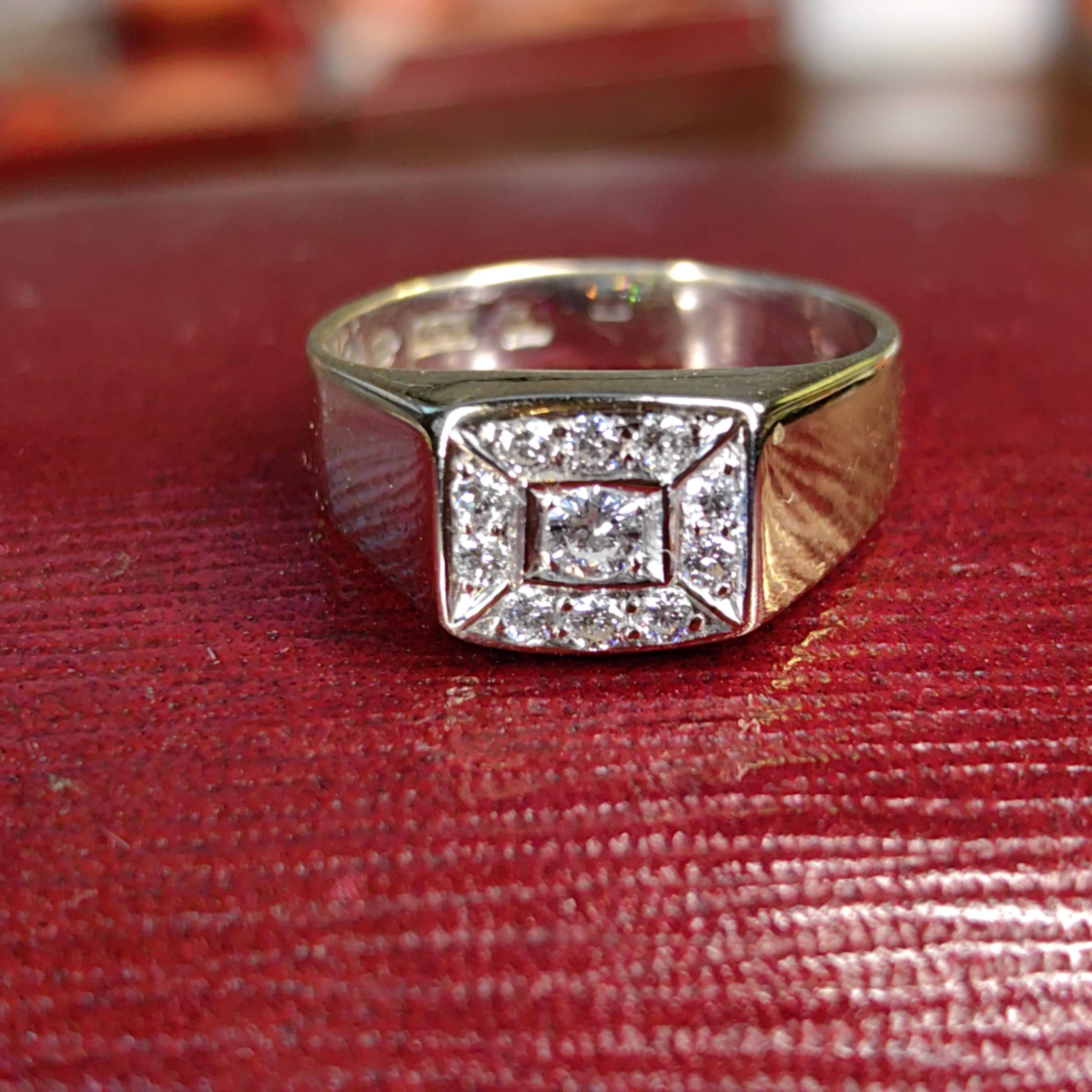 Vintage 18k Yellow Gold Diamond Ring: Unisex Chevalier Statement Ring