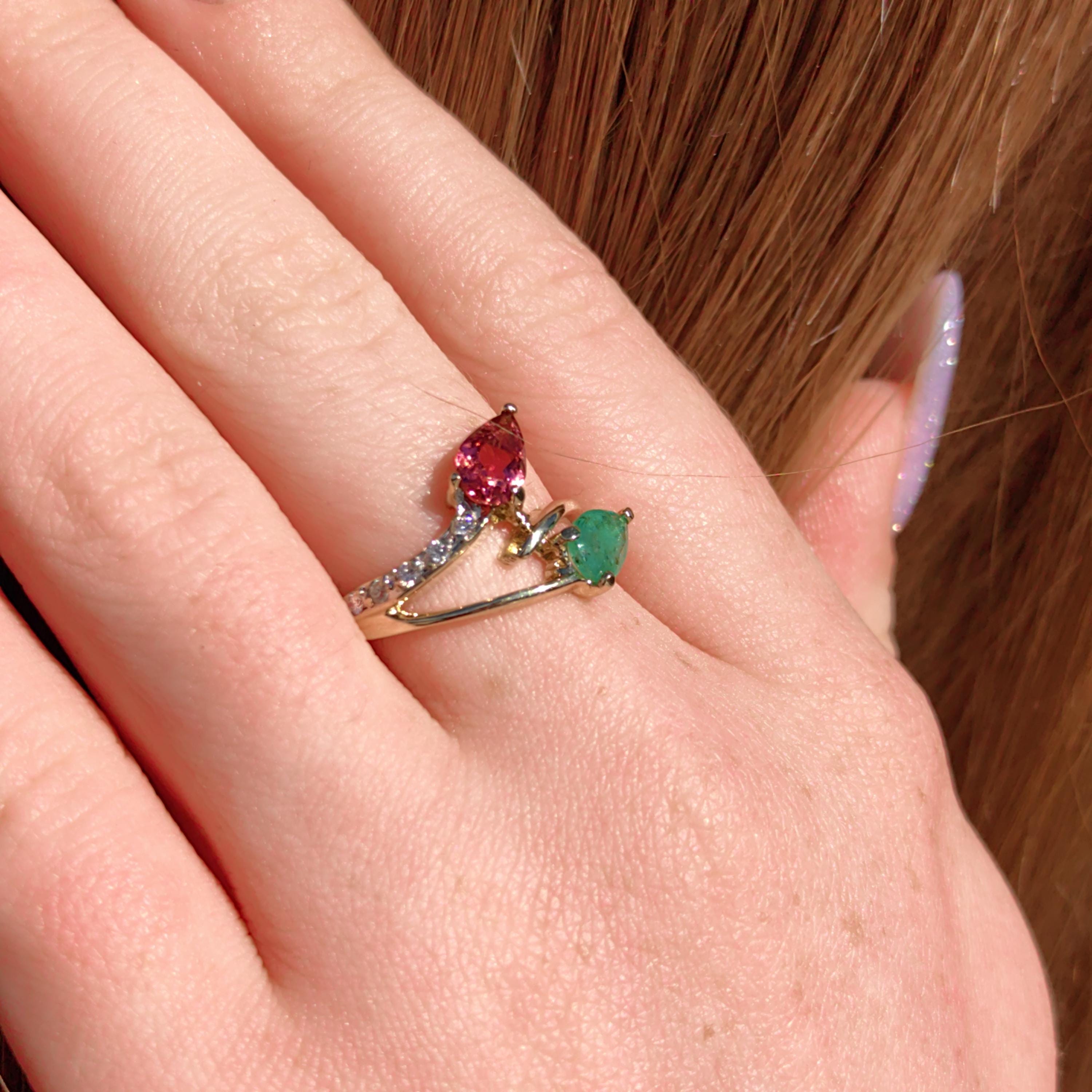 Vintage 14k Yellow Gold Tutti-Frutti Ring: Emerald, Tourmaline & Diamond Bypass