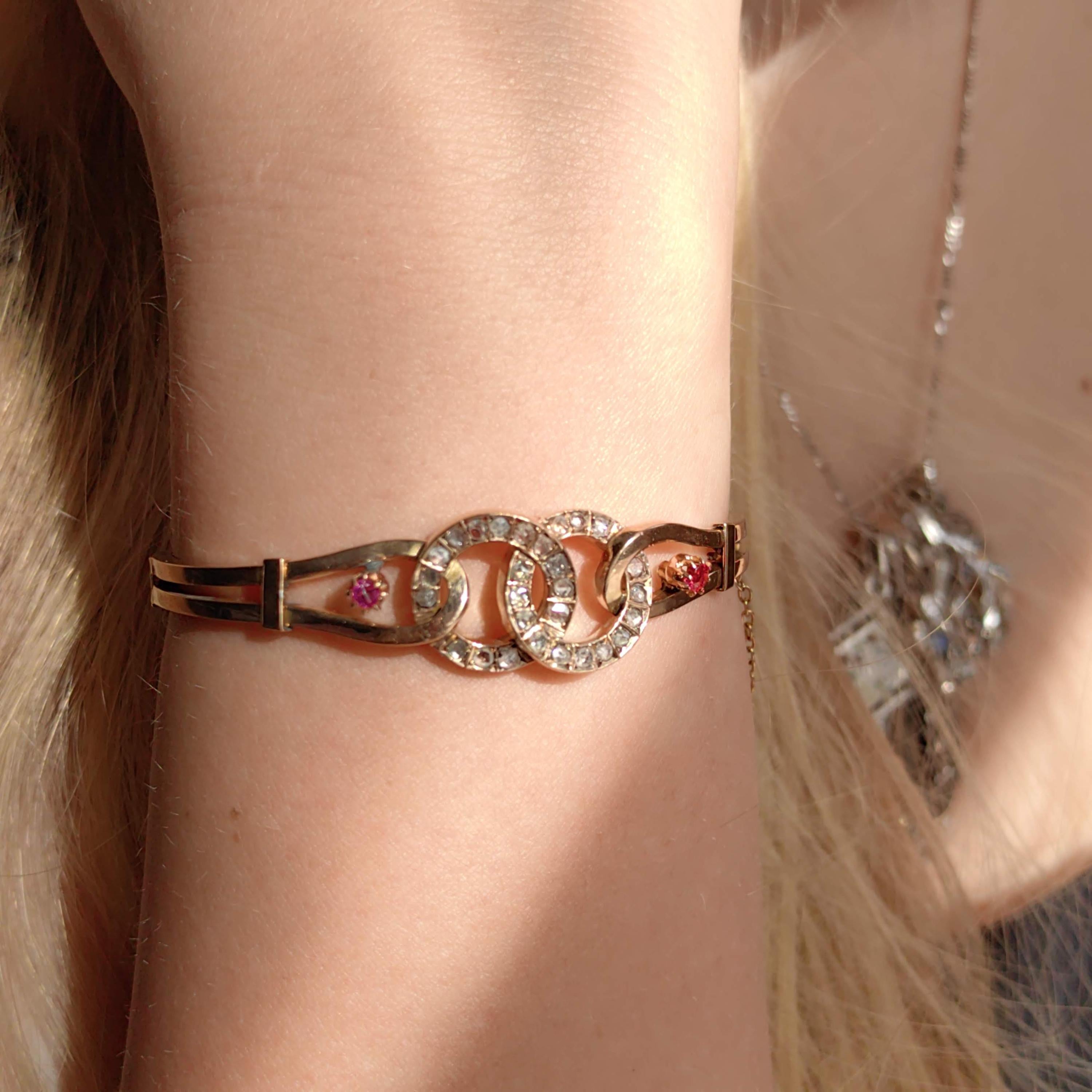 Edwardian Ruby Rose Cut Diamond 18K Gold Bangle Bracelet
