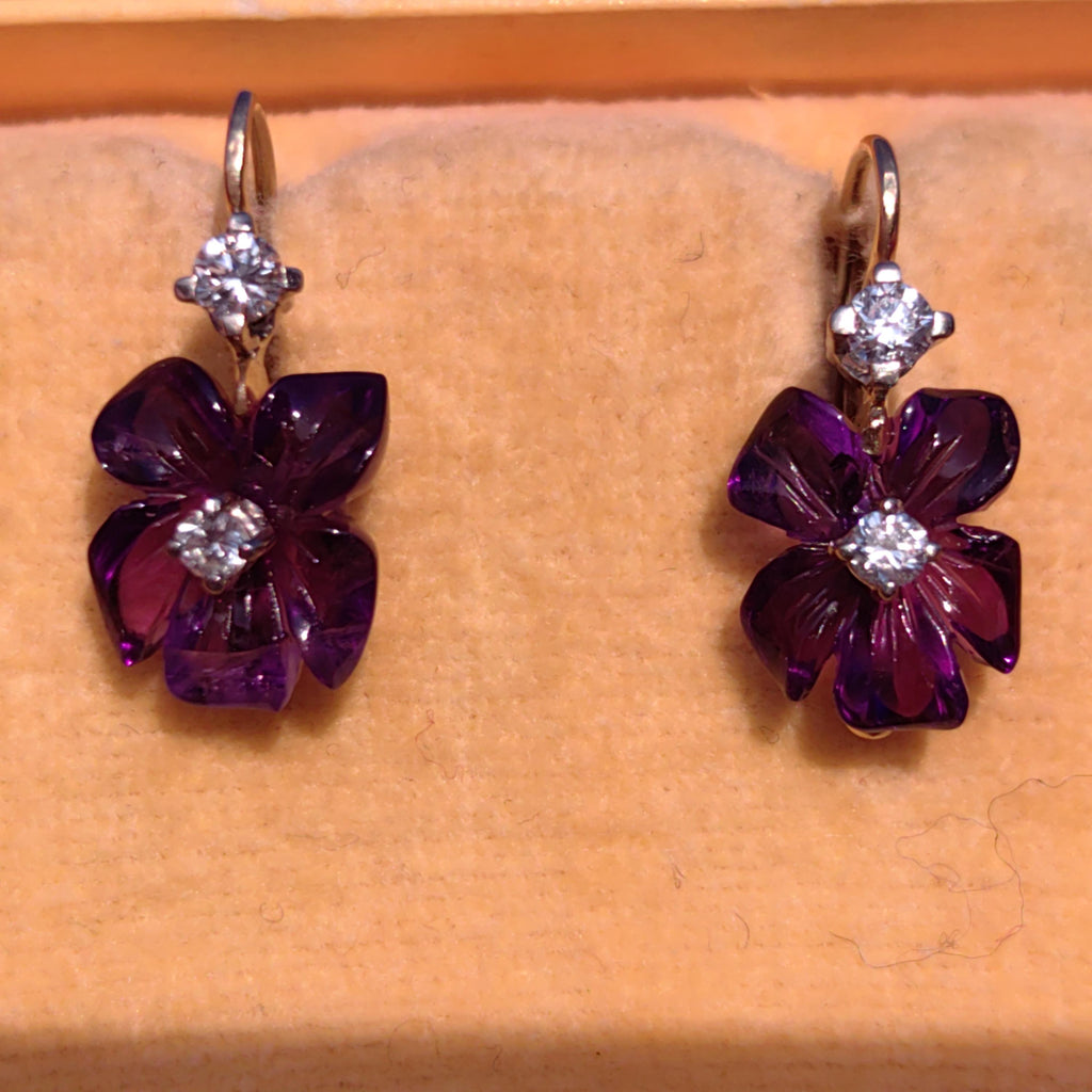 Natural Amethyst and Diamond 18k Solid Gold Flower Sleepers Dormeuse Vintage Antique 1950s Elegant Purple Crystal Earrings Gift for Her