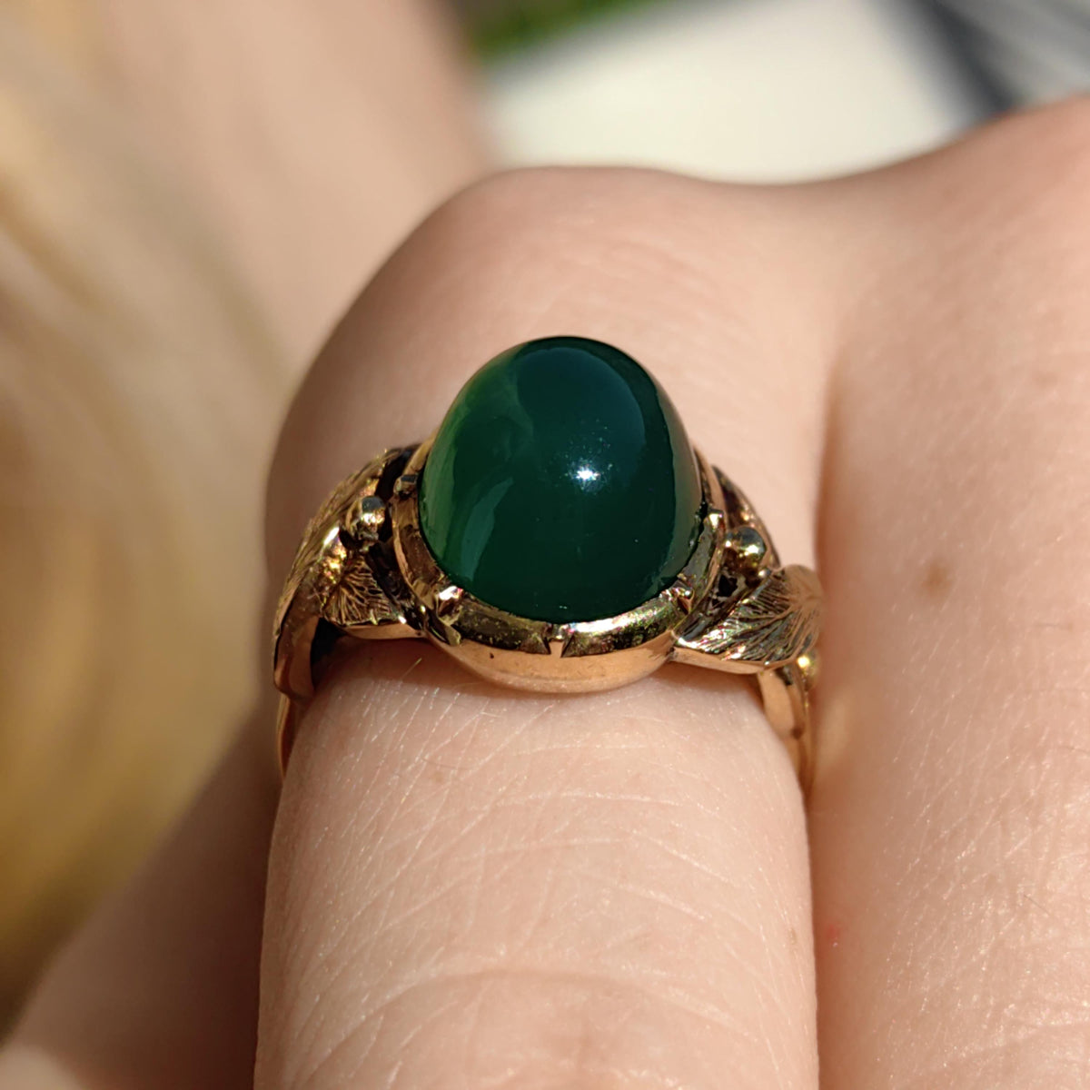 Green Chalcedony Victorian 1880s Hallmarked 18k Solid Yellow Gold Natural  Chrysoprase Stone Ring Vintage Antique Floral Ring Solitaire