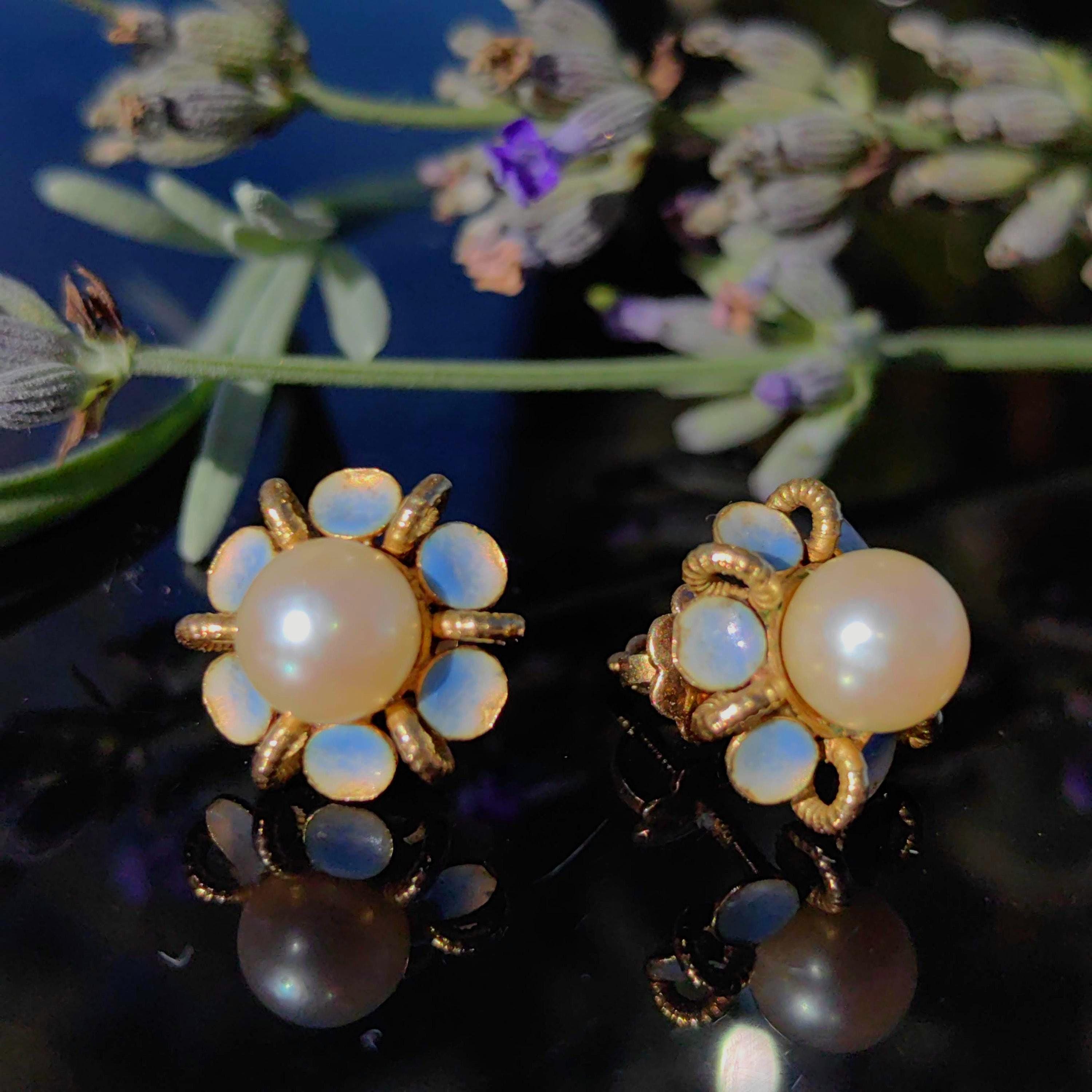 Victorian 18k Gold Pearl Earrings: Enamel Flower Studs