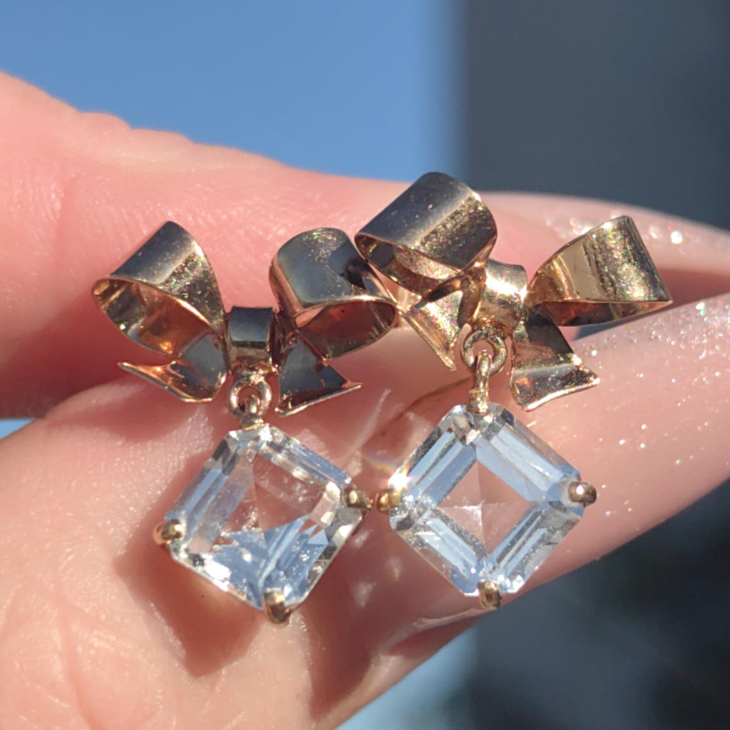 18k Solid Gold Cubic Zirconia Bow Dangle Stud Push Back Closure Elegant Vintage Antique Princess Cut Classic Solitaire Earrings Gift for Her