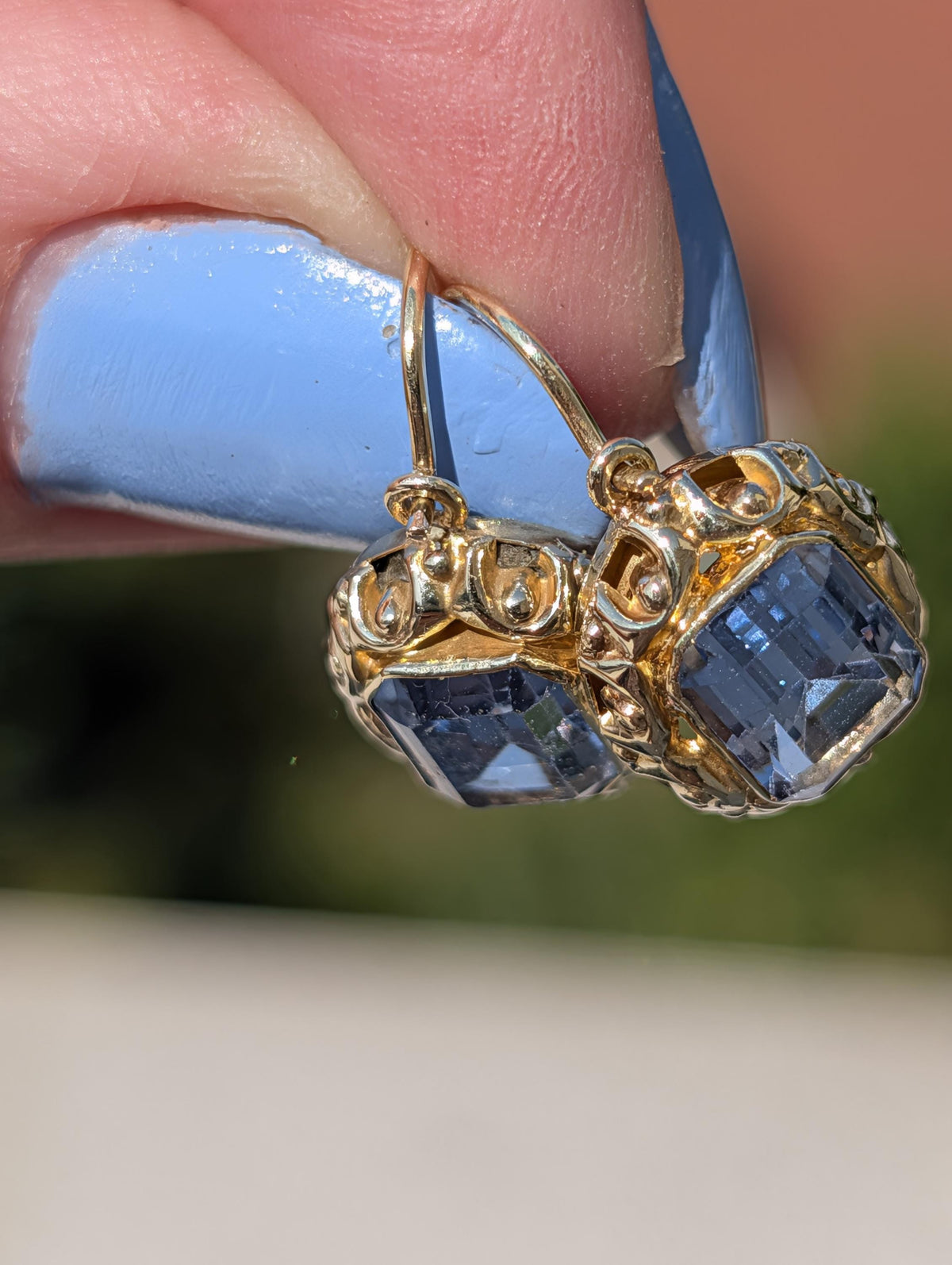 1940s Late Art Deco Aquamarine 14k Yellow Gold Earrings, Antique Vintage Dangle Statement Earrings, Gift for Her