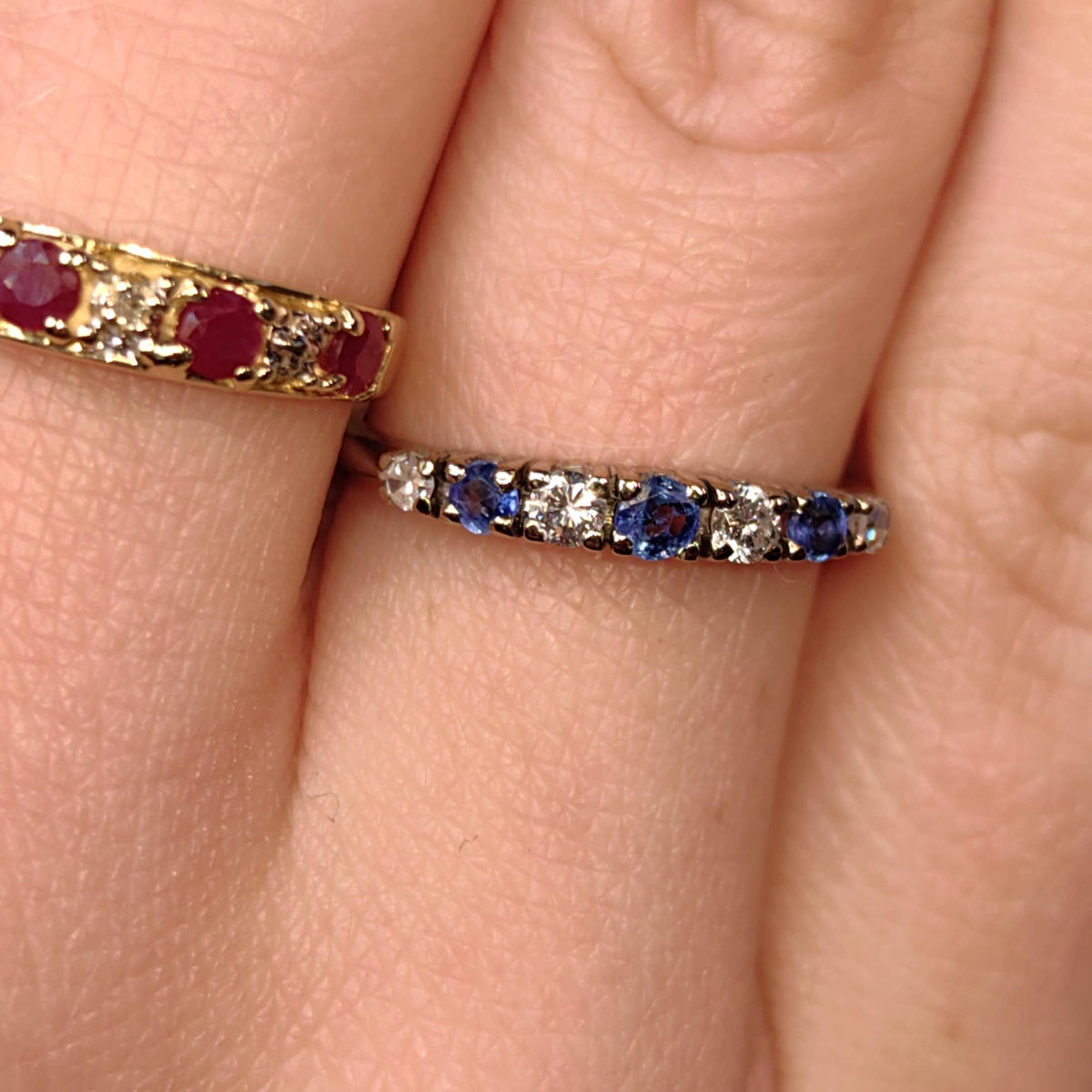 Vintage Sapphire Diamond Band 1950s Mid Century 18k White Gold Engagement Ring, Elegant Gift for Her Present Stackable Ring