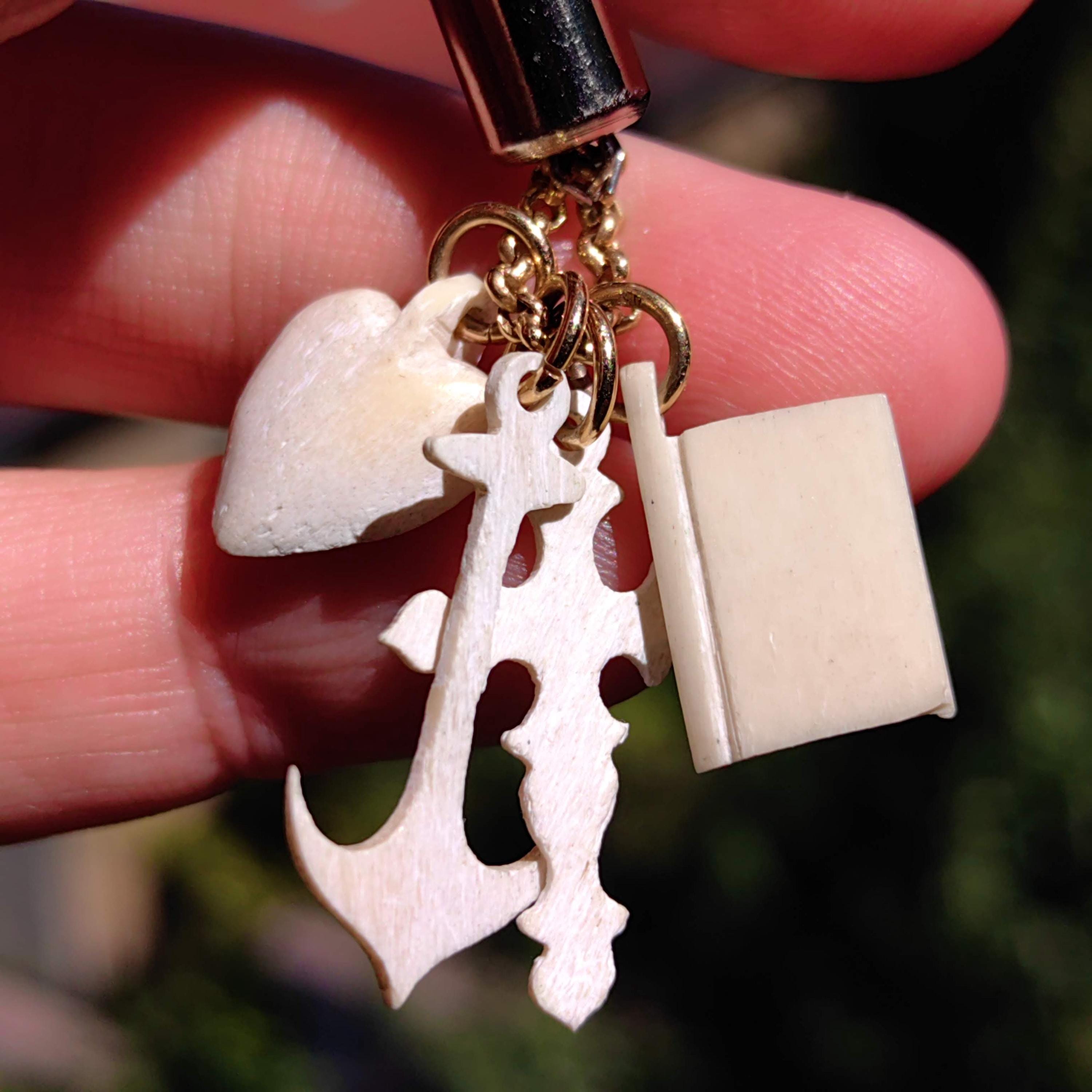 Victorian Bone Charm Pendant: 14k Gold Heart, Cross, Anchor, Book