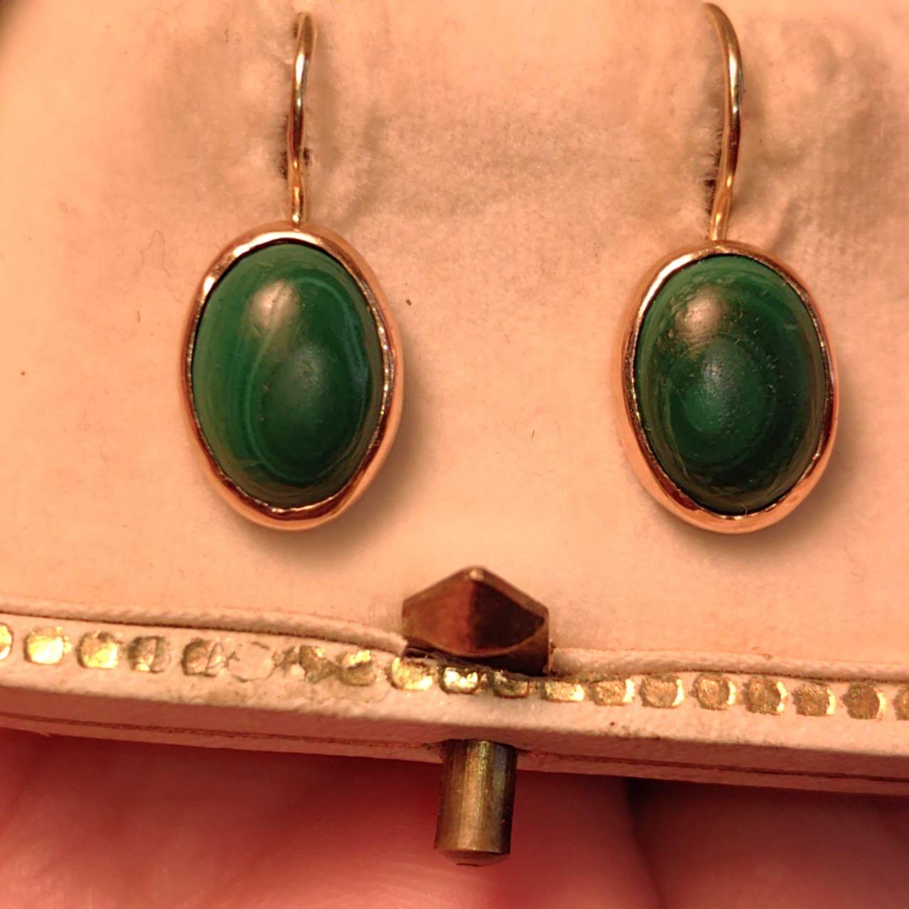 Vintage Art Nouveau Malachite 14k Gold Earrings