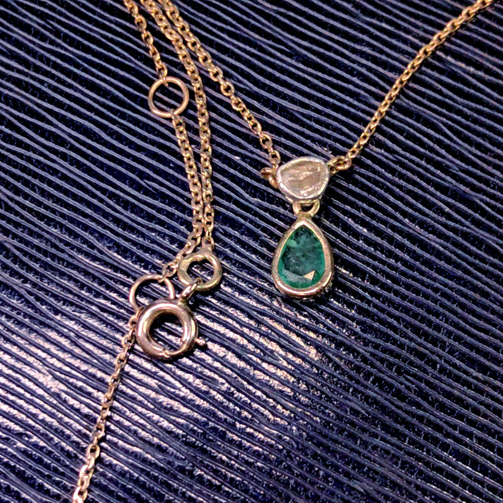 Genuine Emerald & Diamond Necklace Solid 18k Yellow Gold Drop Shaped Antique Vintage Pendant Charm Gift for Her Elegant Dainty Classic chain